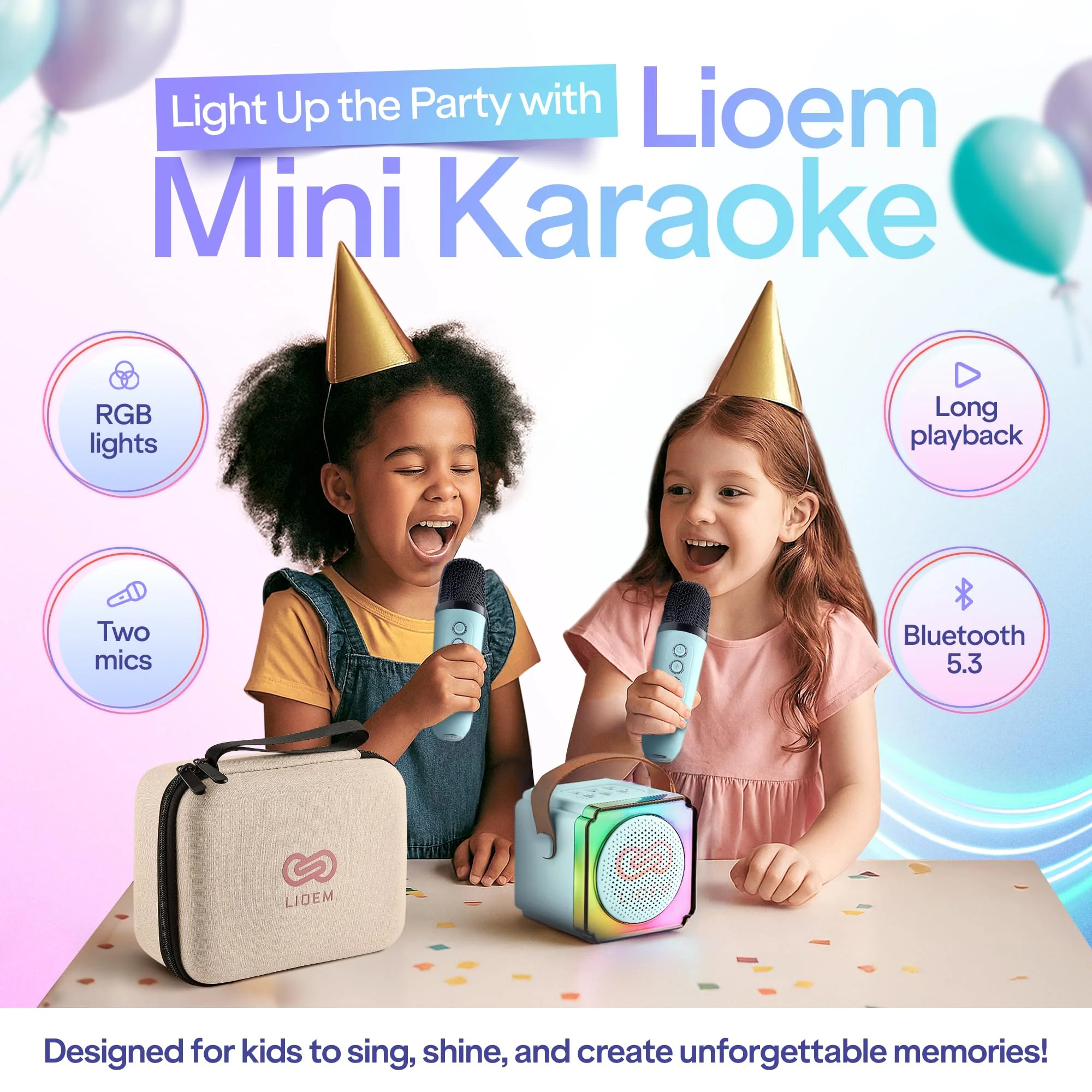 LIOEM Mini Karaoke Machine for Kids | Kids Karaoke Machine for Girls and Boys w/ 2 Wireless Bluetooth Microphones | Clear-Sound Mini Kareoke and Speaker | Speaker and Microphone Set for Children - Image 2