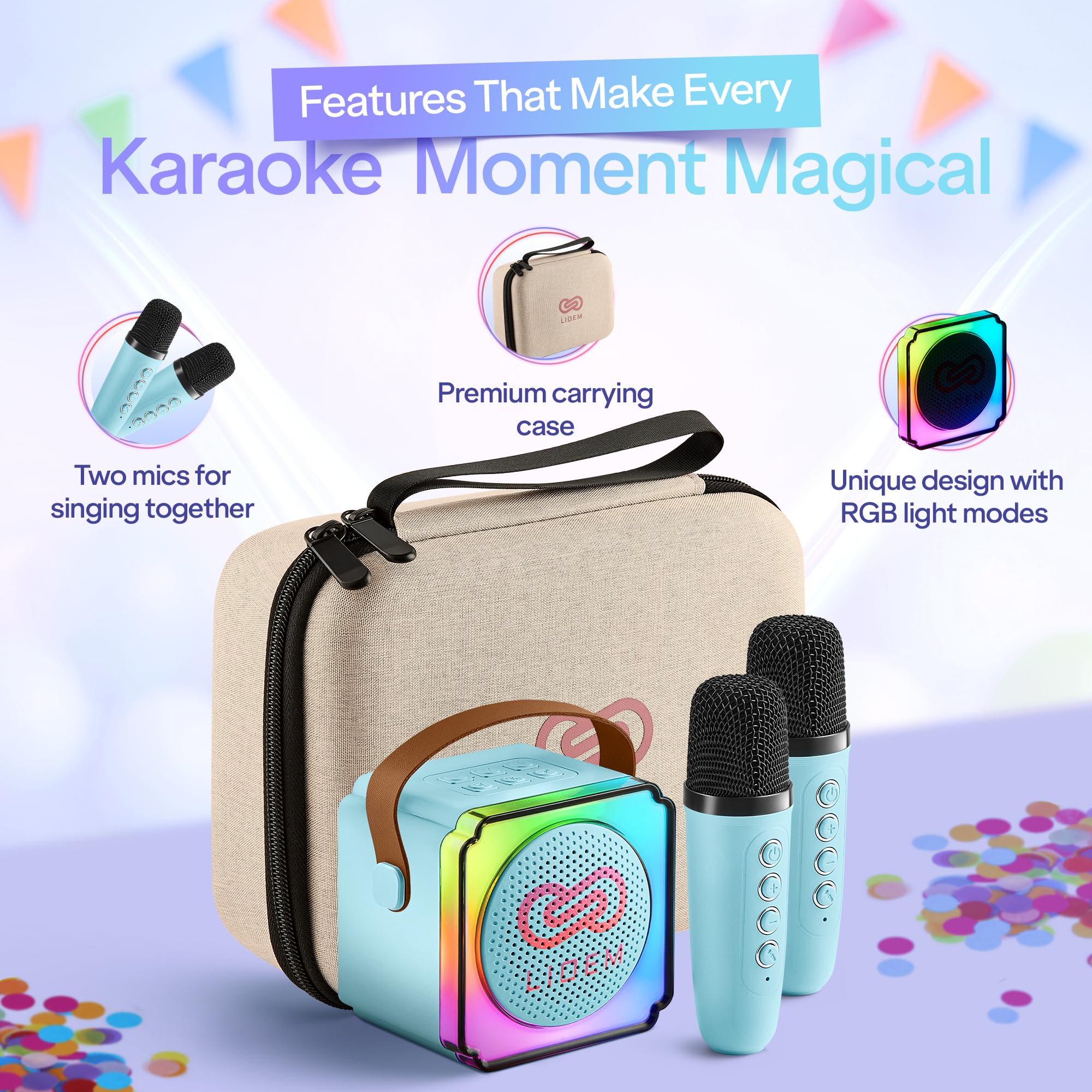 LIOEM Mini Karaoke Machine for Kids | Kids Karaoke Machine for Girls and Boys w/ 2 Wireless Bluetooth Microphones | Clear-Sound Mini Kareoke and Speaker | Speaker and Microphone Set for Children - Image 3