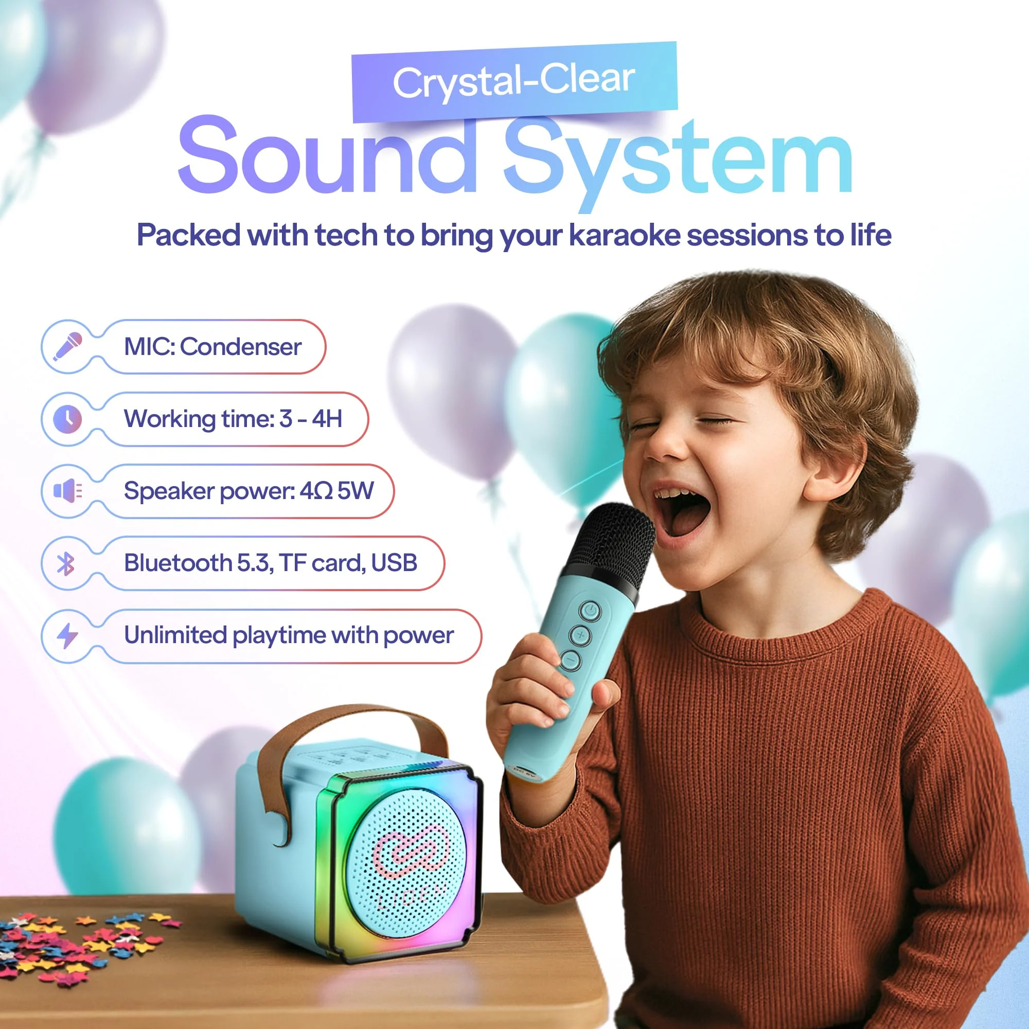 LIOEM Mini Karaoke Machine for Kids | Kids Karaoke Machine for Girls and Boys w/ 2 Wireless Bluetooth Microphones | Clear-Sound Mini Kareoke and Speaker | Speaker and Microphone Set for Children - Image 4