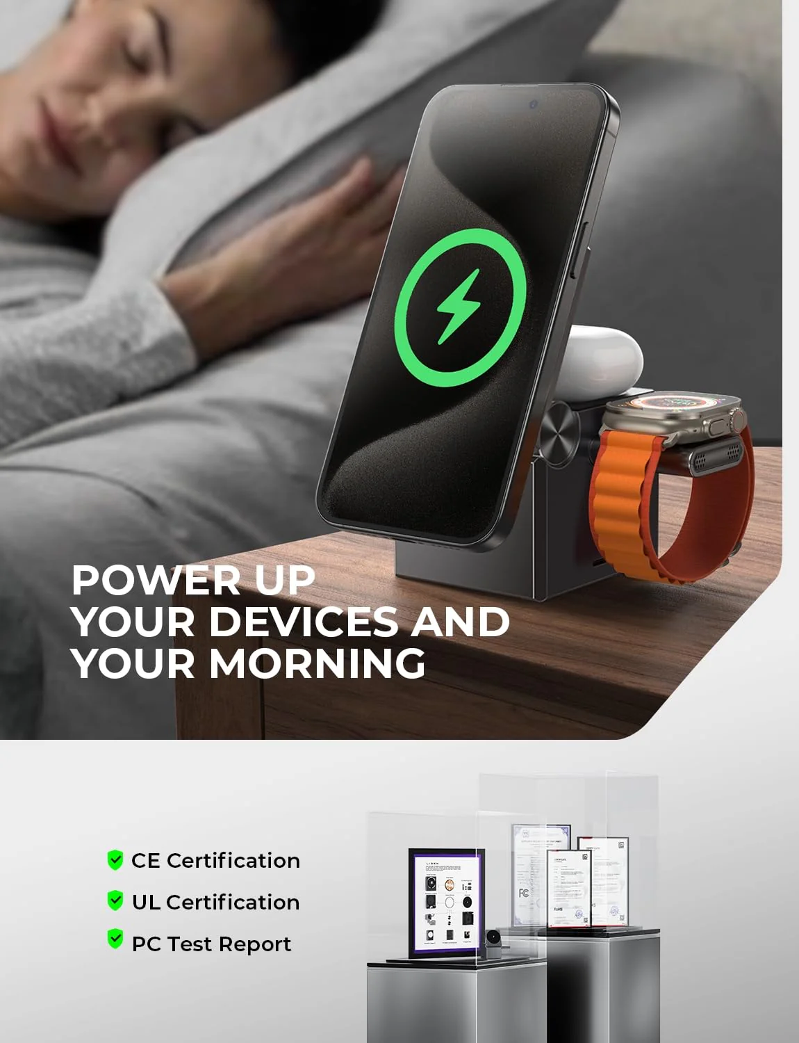 LISEN 3 in 1 Charging Station Apple, for iPhone Wireless Charging Station for Apple Magsafe Charger Stand Cube, Travel Magsafe Charging Station for iPhone 16 15 and Watch, Gifts for Men Women, Black - Image 5