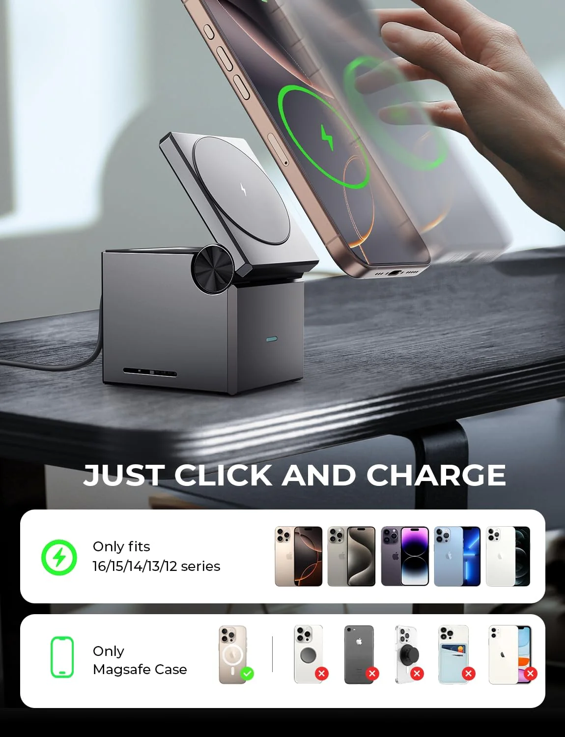 LISEN 3 in 1 Charging Station Apple, for iPhone Wireless Charging Station for Apple Magsafe Charger Stand Cube, Travel Magsafe Charging Station for iPhone 16 15 and Watch, Gifts for Men Women, Black - Image 6