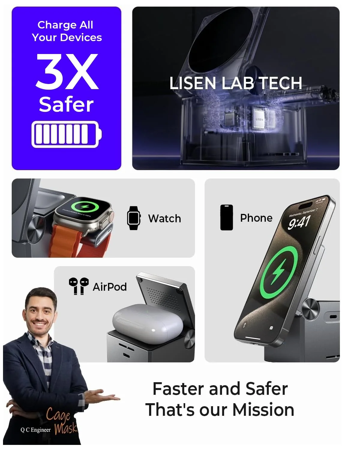 LISEN 3 in 1 Charging Station Apple, for iPhone Wireless Charging Station for Apple Magsafe Charger Stand Cube, Travel Magsafe Charging Station for iPhone 16 15 and Watch, Gifts for Men Women, Black - Image 7