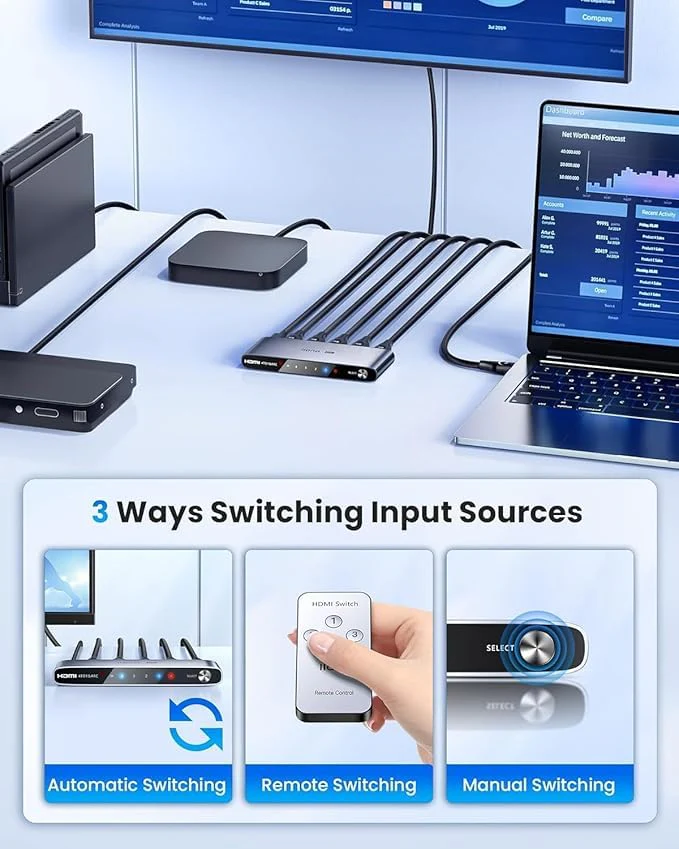llano HDMI 2.1 Switch, HDMI Switcher 4K@120Hz 8K@60Hz with IR Remote, Switcher Selector 4 in 1 Out Supports CEC, HDCP2.3, 3D, HDR10+ VRR ALLM for PS5 and Xbox (Gray) Gray - Image 2