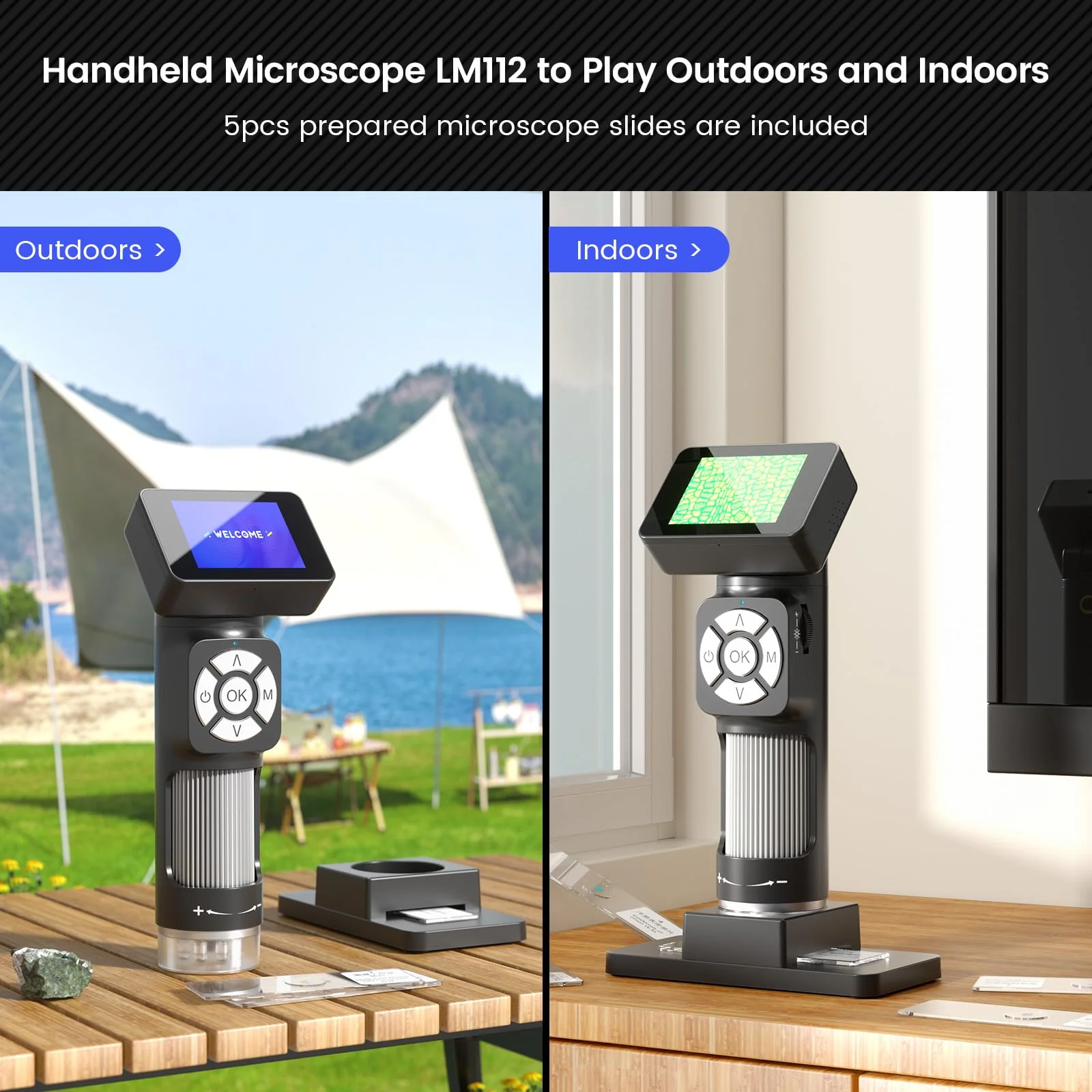 LM112 Microscope for Kids Adults Handheld with 2" Screen, 500X Portable Microscope Kit with Case, USB Magnifier with 8 LED Light, 5pcs Biological Slides, 32G - Image 2