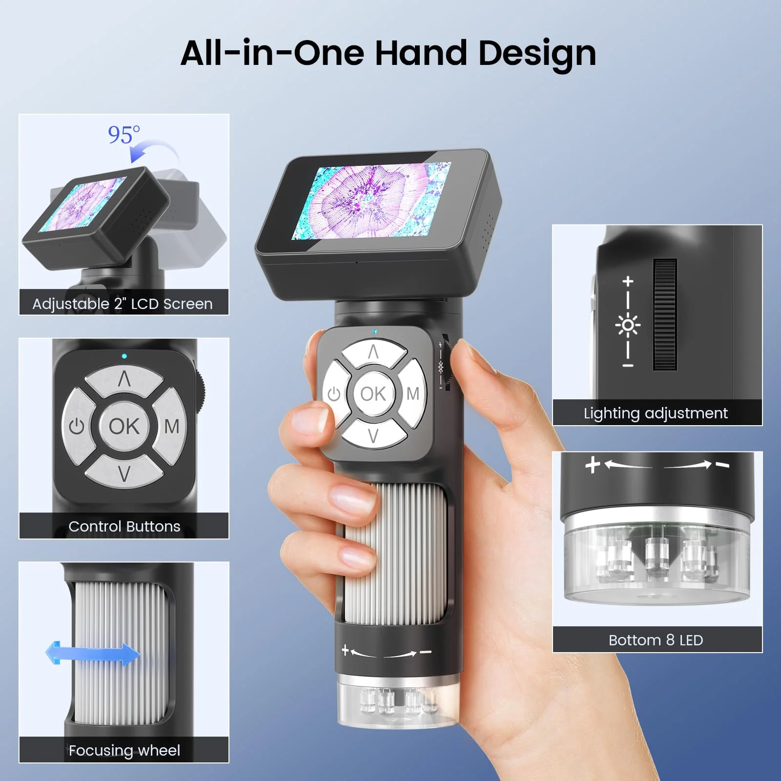 LM112 Microscope for Kids Adults Handheld with 2" Screen, 500X Portable Microscope Kit with Case, USB Magnifier with 8 LED Light, 5pcs Biological Slides, 32G - Image 4