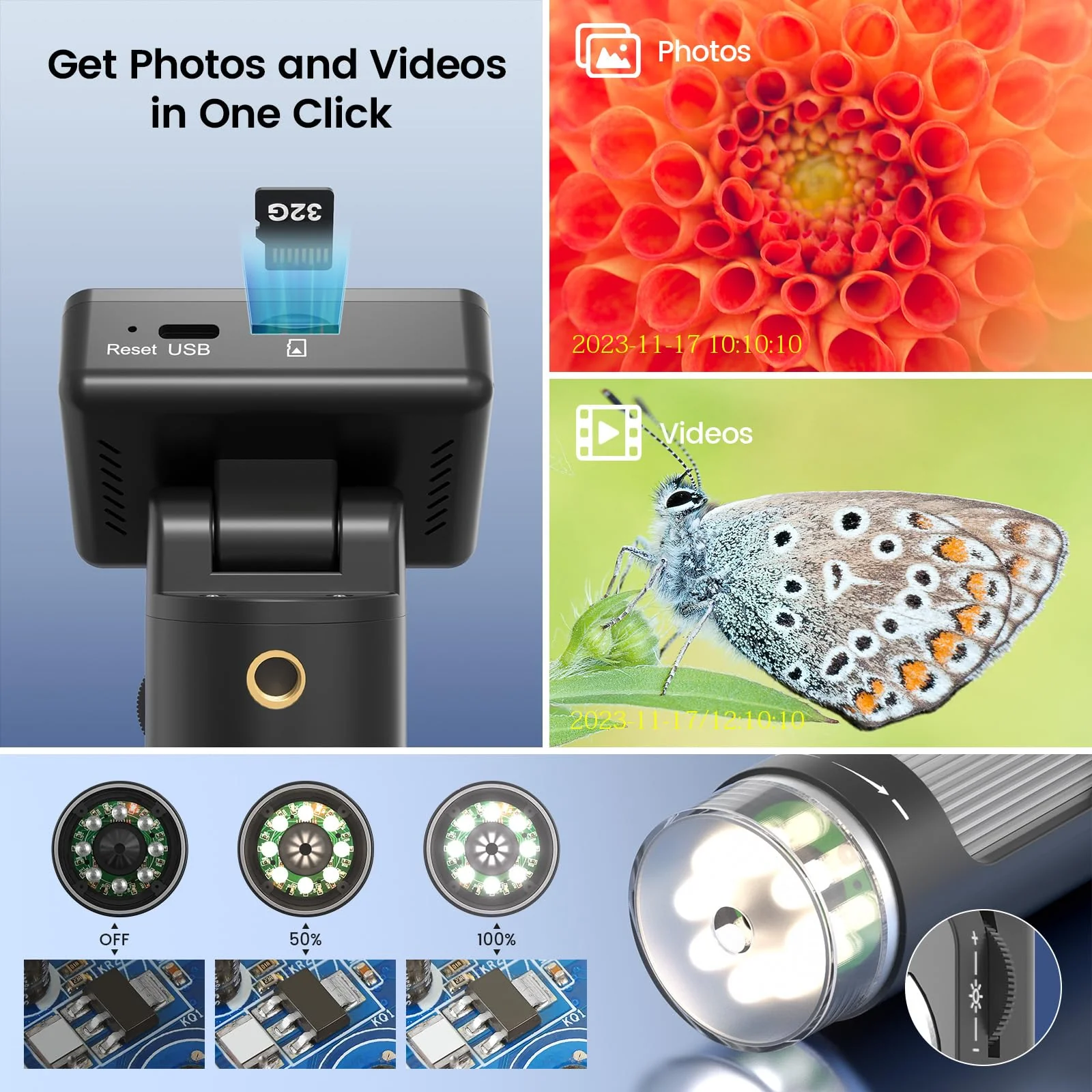 LM112 Microscope for Kids Adults Handheld with 2" Screen, 500X Portable Microscope Kit with Case, USB Magnifier with 8 LED Light, 5pcs Biological Slides, 32G - Image 8