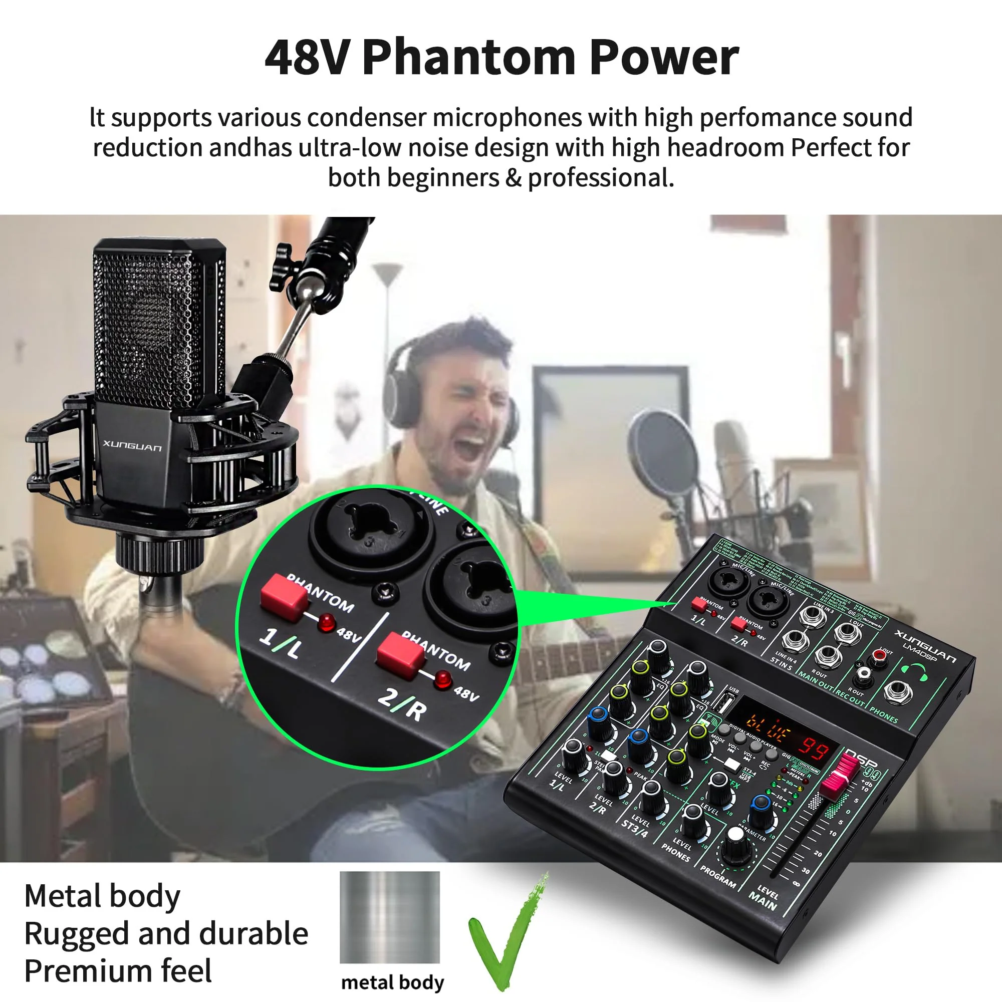 LM4DSP Audio Mixer 4 Channel,99 DSP metal body Sound Board Mixing Console with USB Bluetooth Echo Delay Effect,48V Power for Professional for Recording,Live Streaming,Podcasting DJ Music Application LM4DSP - Image 2