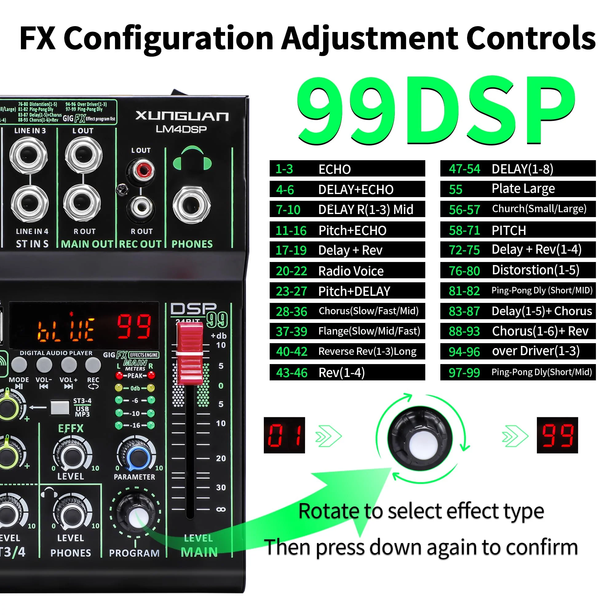 LM4DSP Audio Mixer 4 Channel,99 DSP metal body Sound Board Mixing Console with USB Bluetooth Echo Delay Effect,48V Power for Professional for Recording,Live Streaming,Podcasting DJ Music Application LM4DSP - Image 3