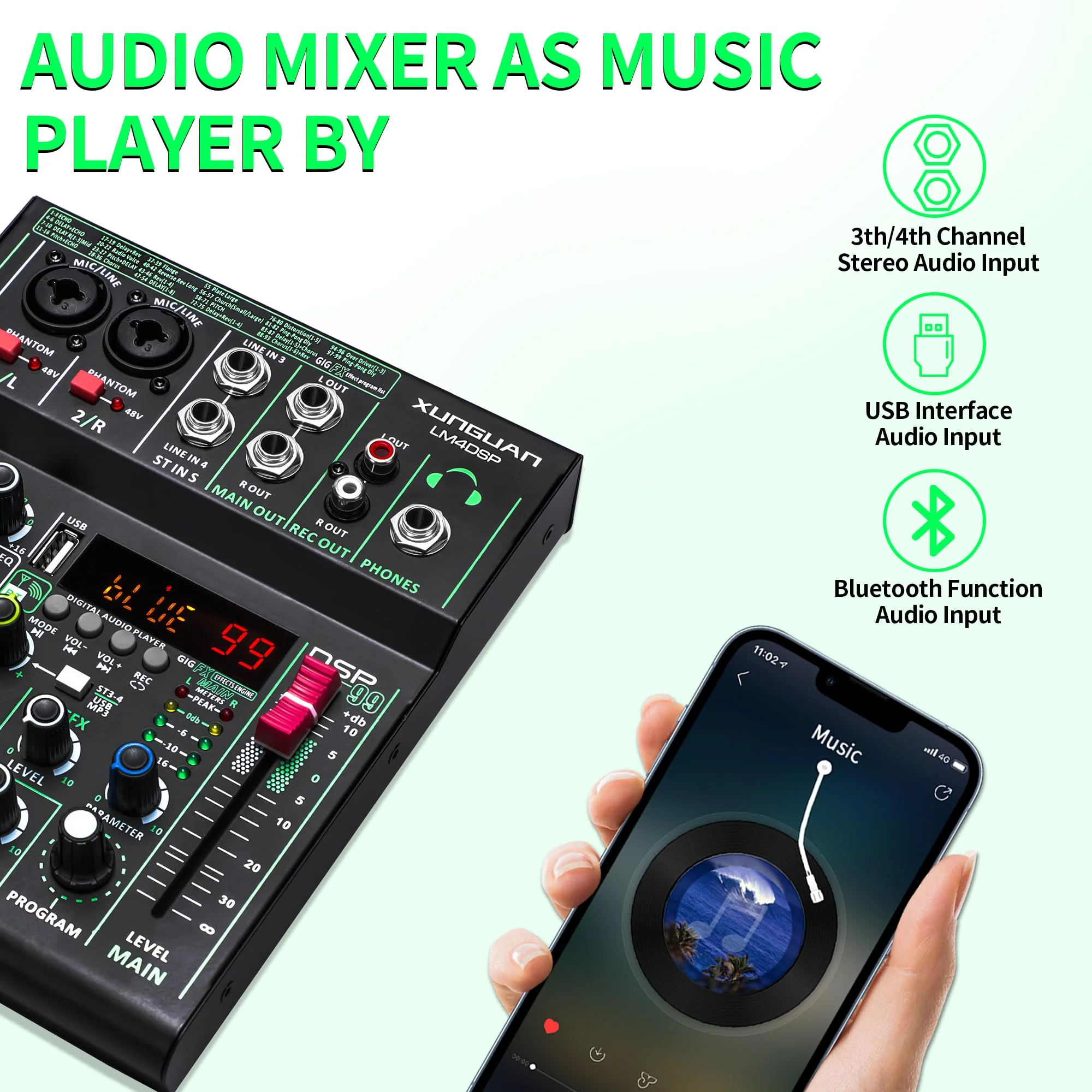 LM4DSP Audio Mixer 4 Channel,99 DSP metal body Sound Board Mixing Console with USB Bluetooth Echo Delay Effect,48V Power for Professional for Recording,Live Streaming,Podcasting DJ Music Application LM4DSP - Image 4