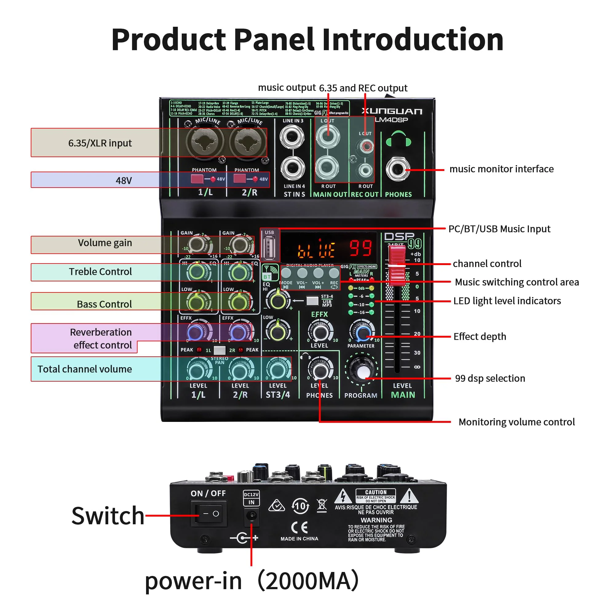 LM4DSP Audio Mixer 4 Channel,99 DSP metal body Sound Board Mixing Console with USB Bluetooth Echo Delay Effect,48V Power for Professional for Recording,Live Streaming,Podcasting DJ Music Application LM4DSP - Image 5