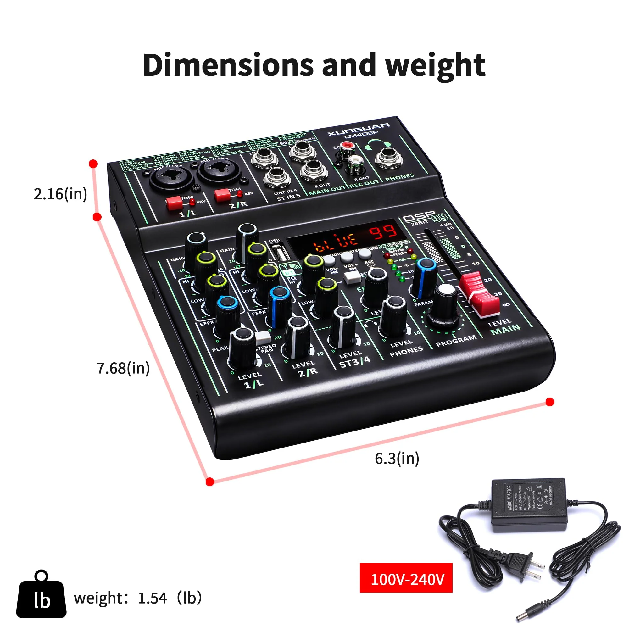 LM4DSP Audio Mixer 4 Channel,99 DSP metal body Sound Board Mixing Console with USB Bluetooth Echo Delay Effect,48V Power for Professional for Recording,Live Streaming,Podcasting DJ Music Application LM4DSP - Image 7