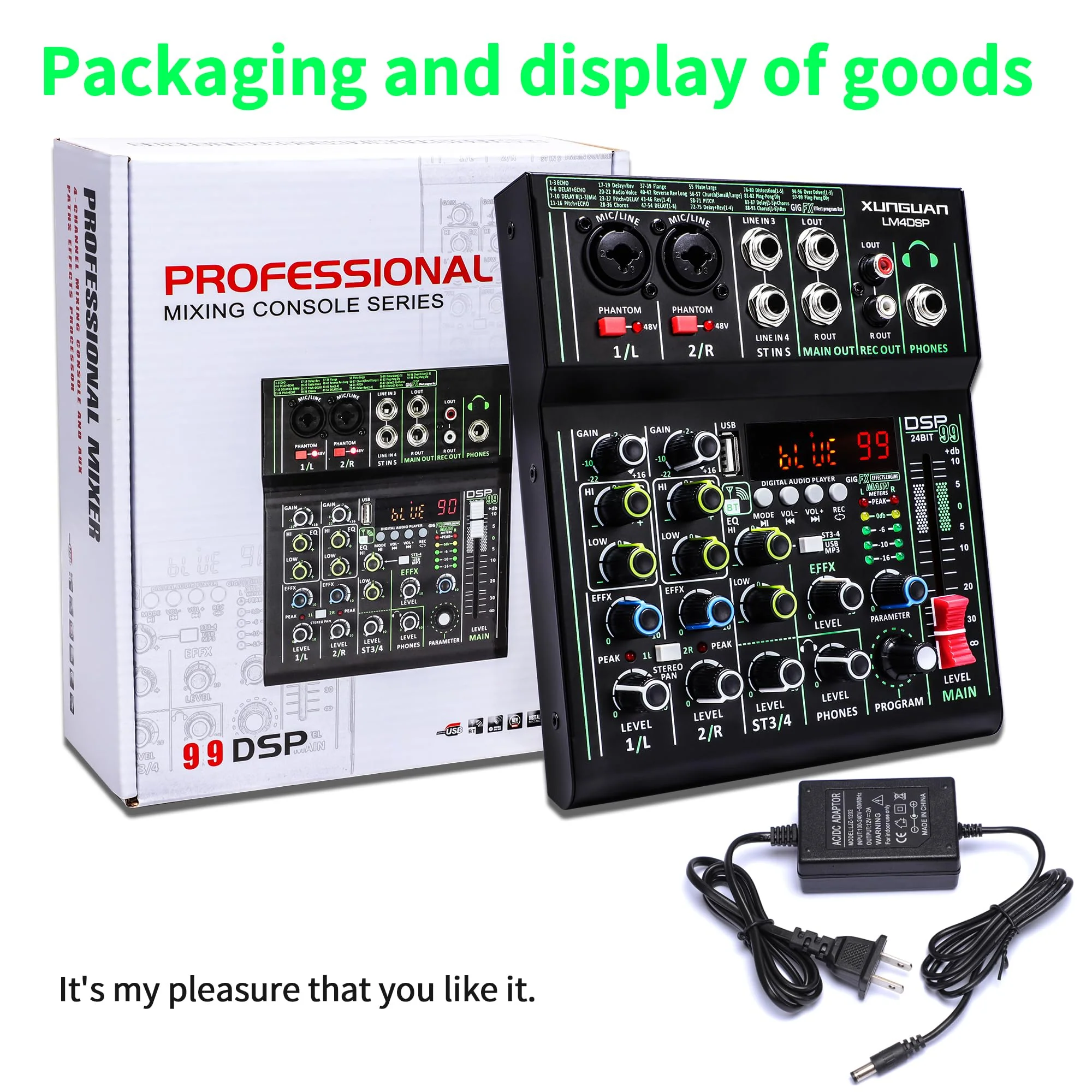LM4DSP Audio Mixer 4 Channel,99 DSP metal body Sound Board Mixing Console with USB Bluetooth Echo Delay Effect,48V Power for Professional for Recording,Live Streaming,Podcasting DJ Music Application LM4DSP - Image 8