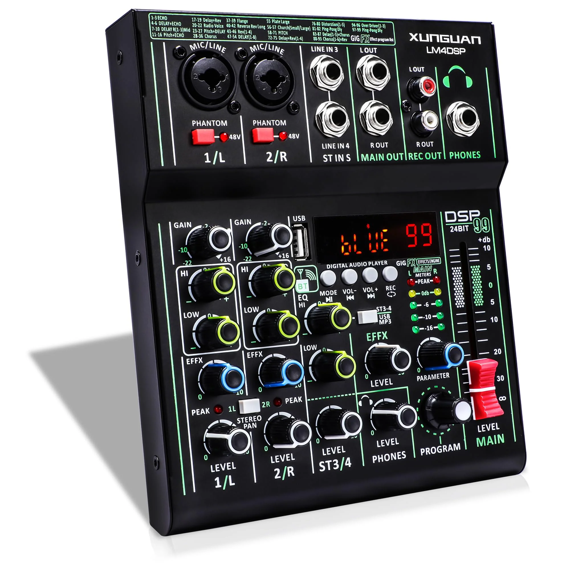 LM4DSP Audio Mixer 4 Channel,99 DSP metal body Sound Board Mixing Console with USB Bluetooth Echo Delay Effect,48V Power for Professional for Recording,Live Streaming,Podcasting DJ Music Application LM4DSP - Image 9