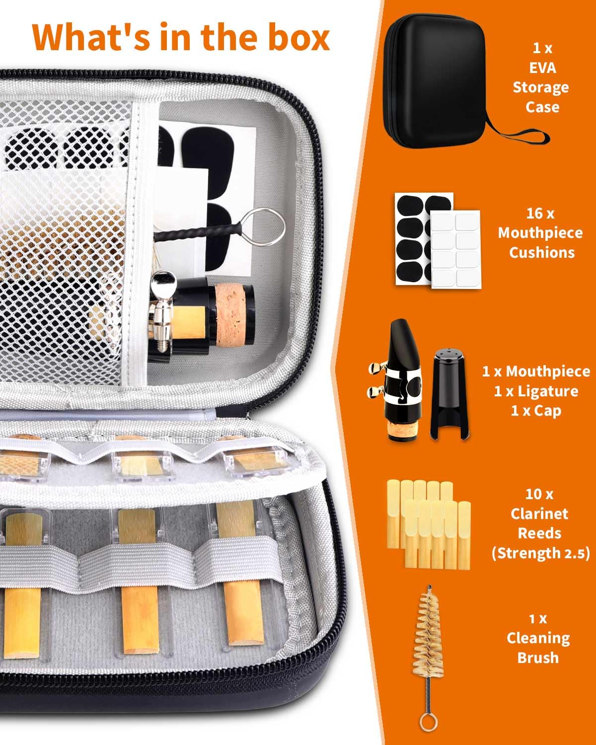 LMS Bb Clarinet Mouthpiece Kit with Case, Clarinet Mouthpiece Accessories Set for Beginners, Clarinet Mouthpiece Metal Ligature 2.5 Reeds Cushions Pads Cap Brush EVA Storage Case - Image 2