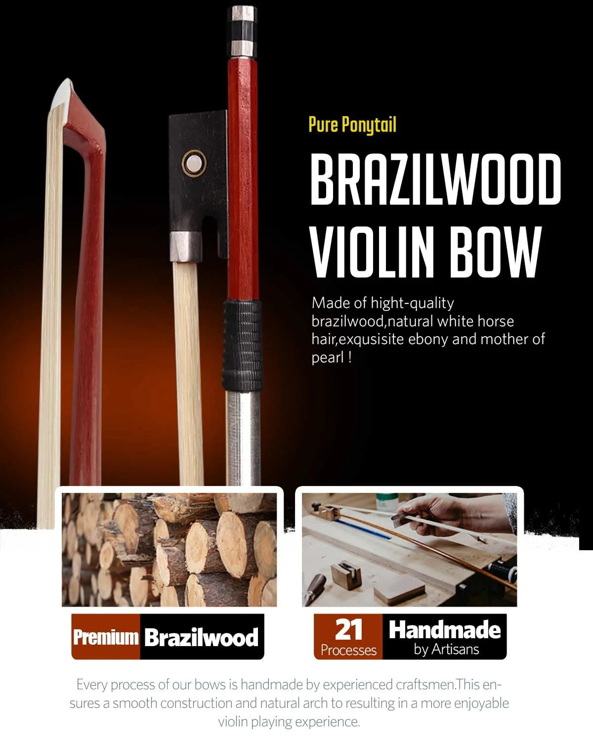 LMS Violin Bow Full Size 4/4 Brazilwood Violin Bows Lightweight Bow Well Balance Fiddle Bow Made with Ebony Frog Mongolian White Horse Hair for Violin Student Professional (4/4) - Image 5