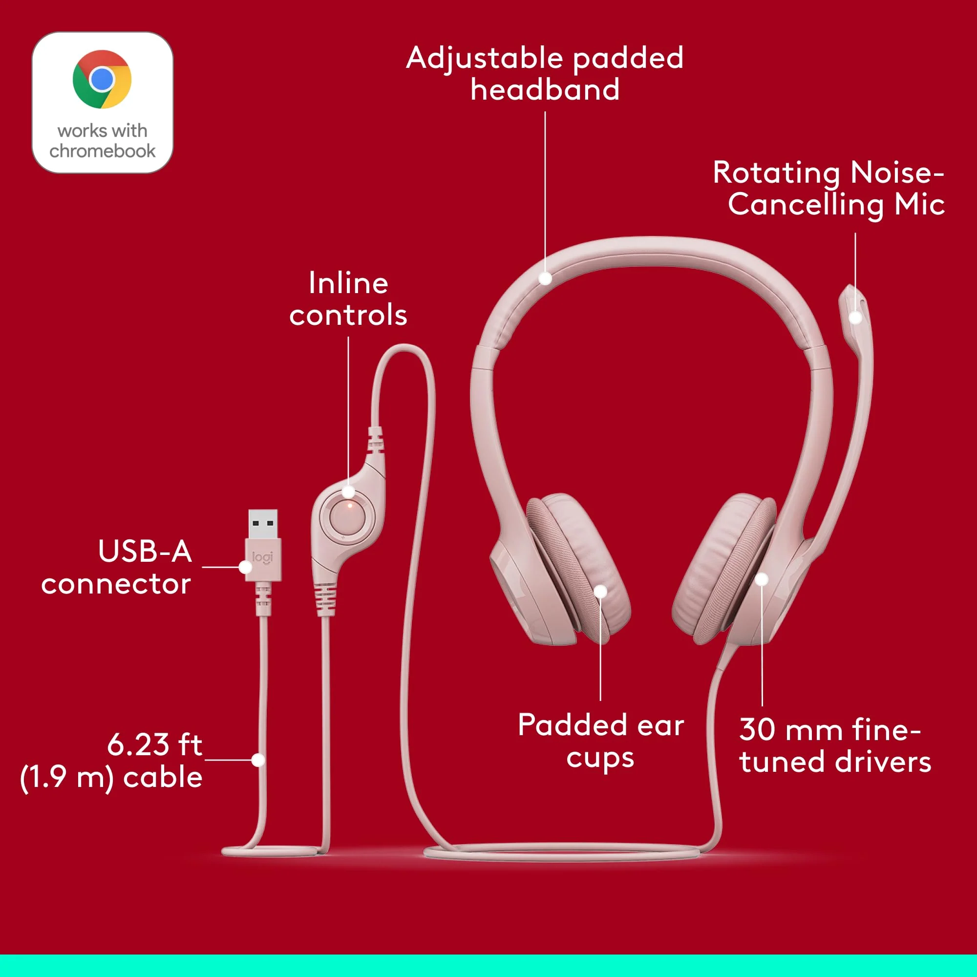 Logitech H390 Wired Headset for PC/Laptop, Stereo Headphones with Noise Cancelling Microphone, USB-A, in-Line Controls, Works with Chromebook - Rose 1 Pack - Image 8