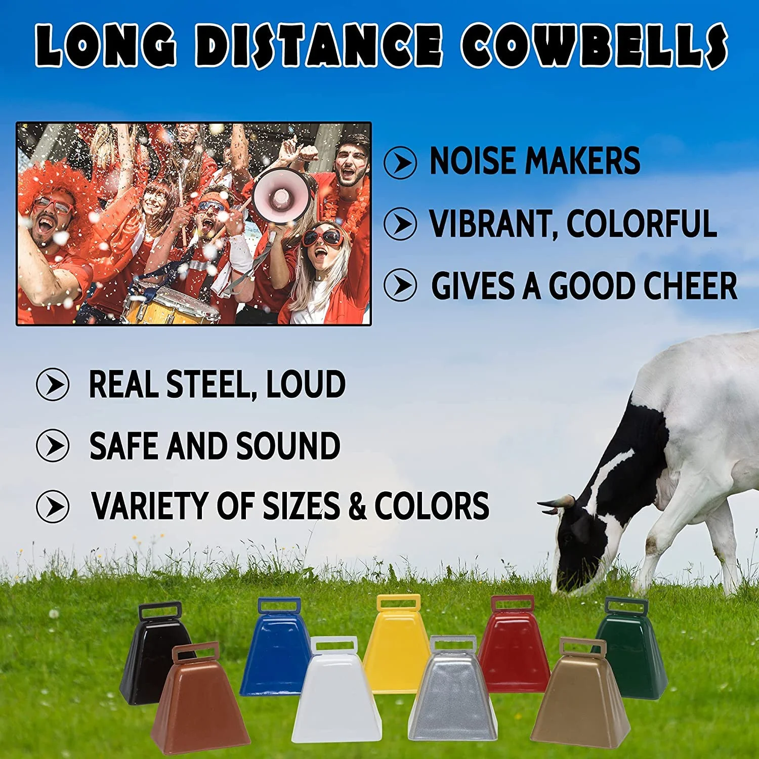 Long Distance Cow Bells 10LD (White & White) | Christmas Bells | Made from Steel | Loud Noise Makers | w/White Strap Around The Handle | Easier to Hold | Made in CT, USA 2 Pack White White - Image 3