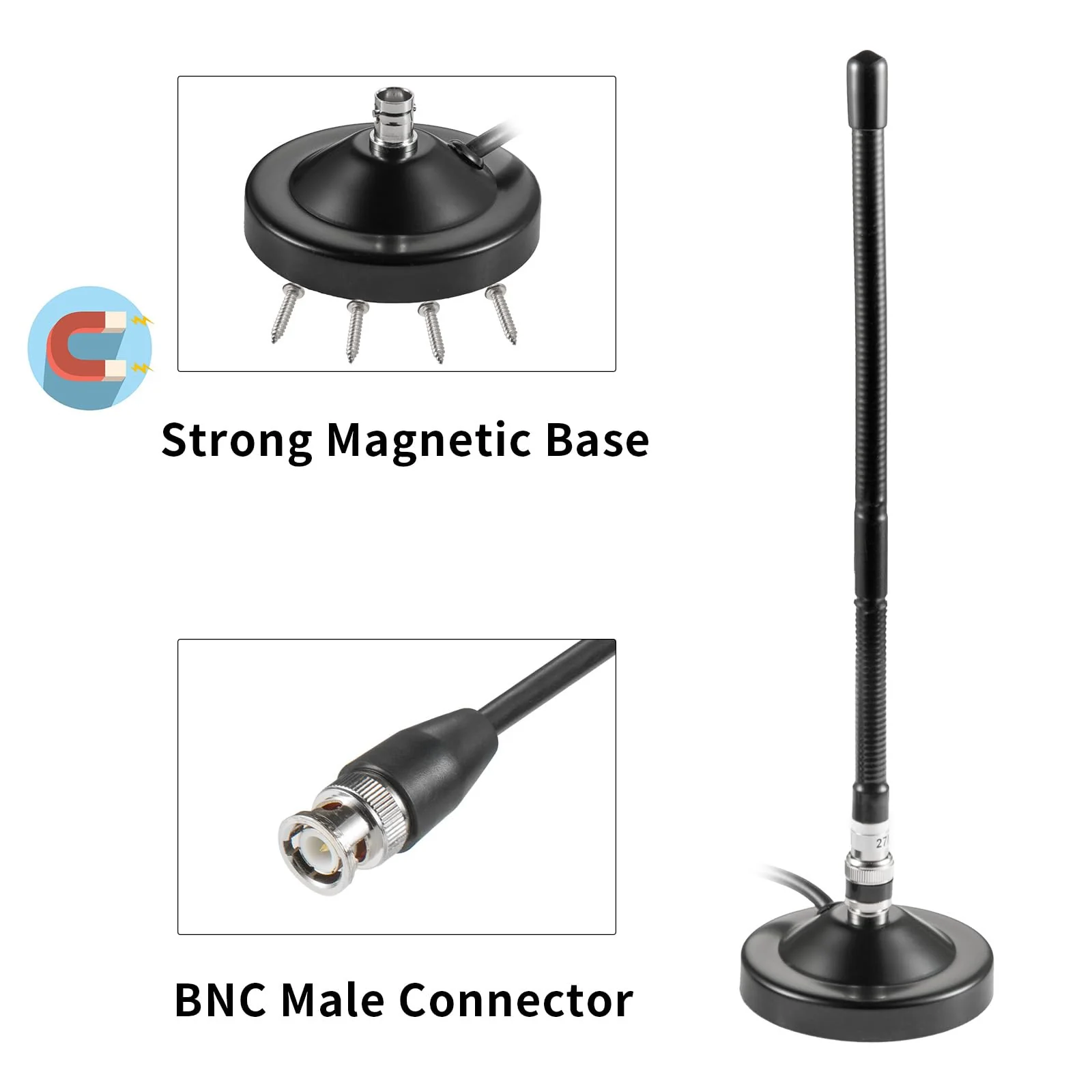 Long Range 27MHz Heavy Duty Magnetic Base Station Soft Whip CB Radio Antenna Kit for Cobra Midland Uniden Maxon President Anytone Vehicle Car Truck Mobile Handheld CB Radio Police Scanner, Eifagur Magnetic Base Antenna - Image 3