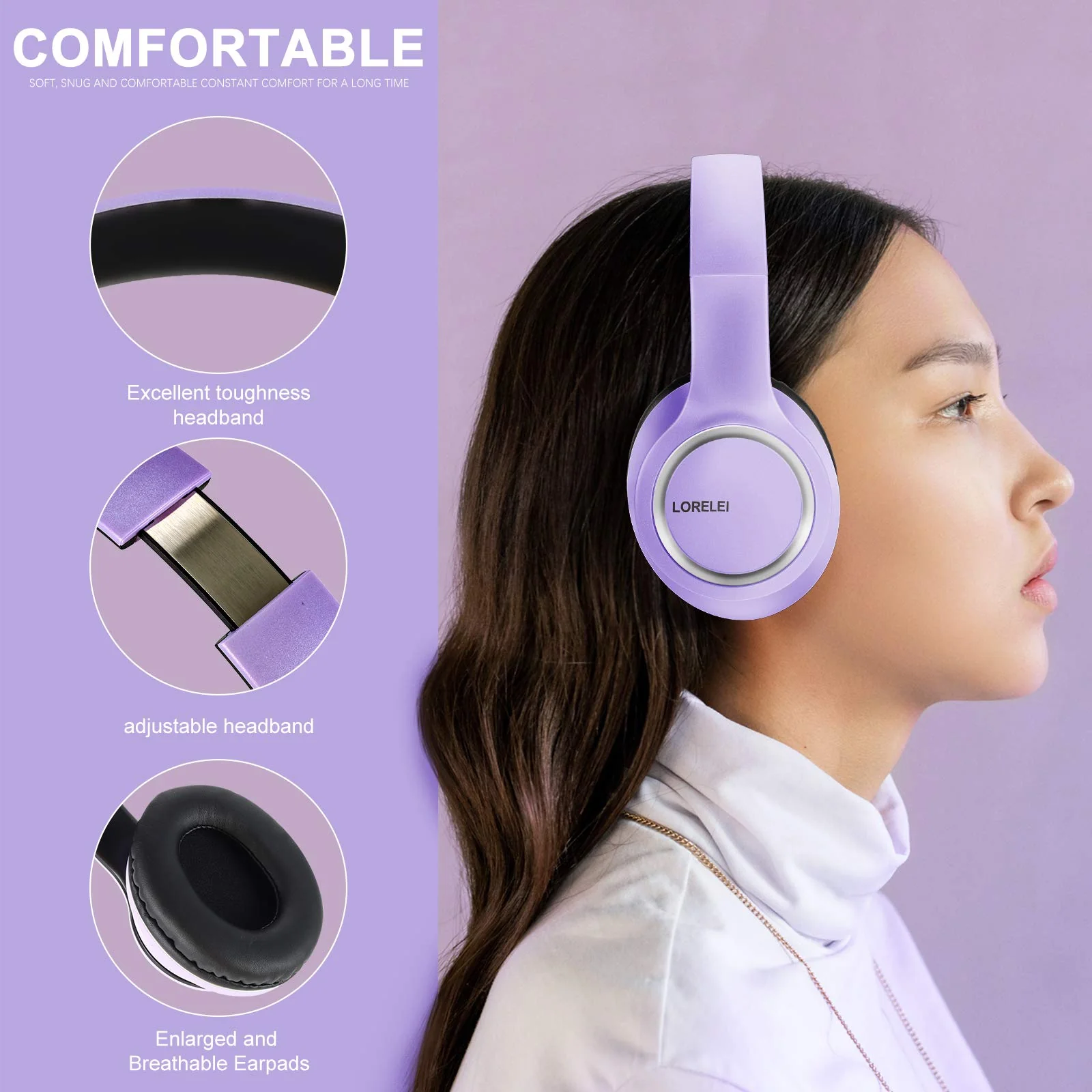 LORELEI X8 Over-Ear Wired Headphones with Microphone with 1.45m-Tangle-Free Nylon Line&3.5mm Plug,Lightweight Foldable & Portable Headphones for Smartphone,Tablet,Computer,Mp3/4(Dark Purple) Dark Purple - Image 2