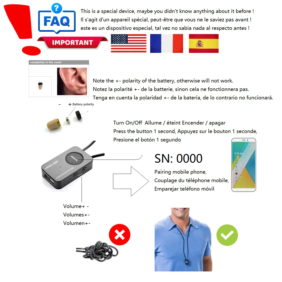 Loud Sound 45-100dB 35 inch Amplifier Bluetooth Neckloop Aids T-coil with CIC Spy Earpiece - Image 2
