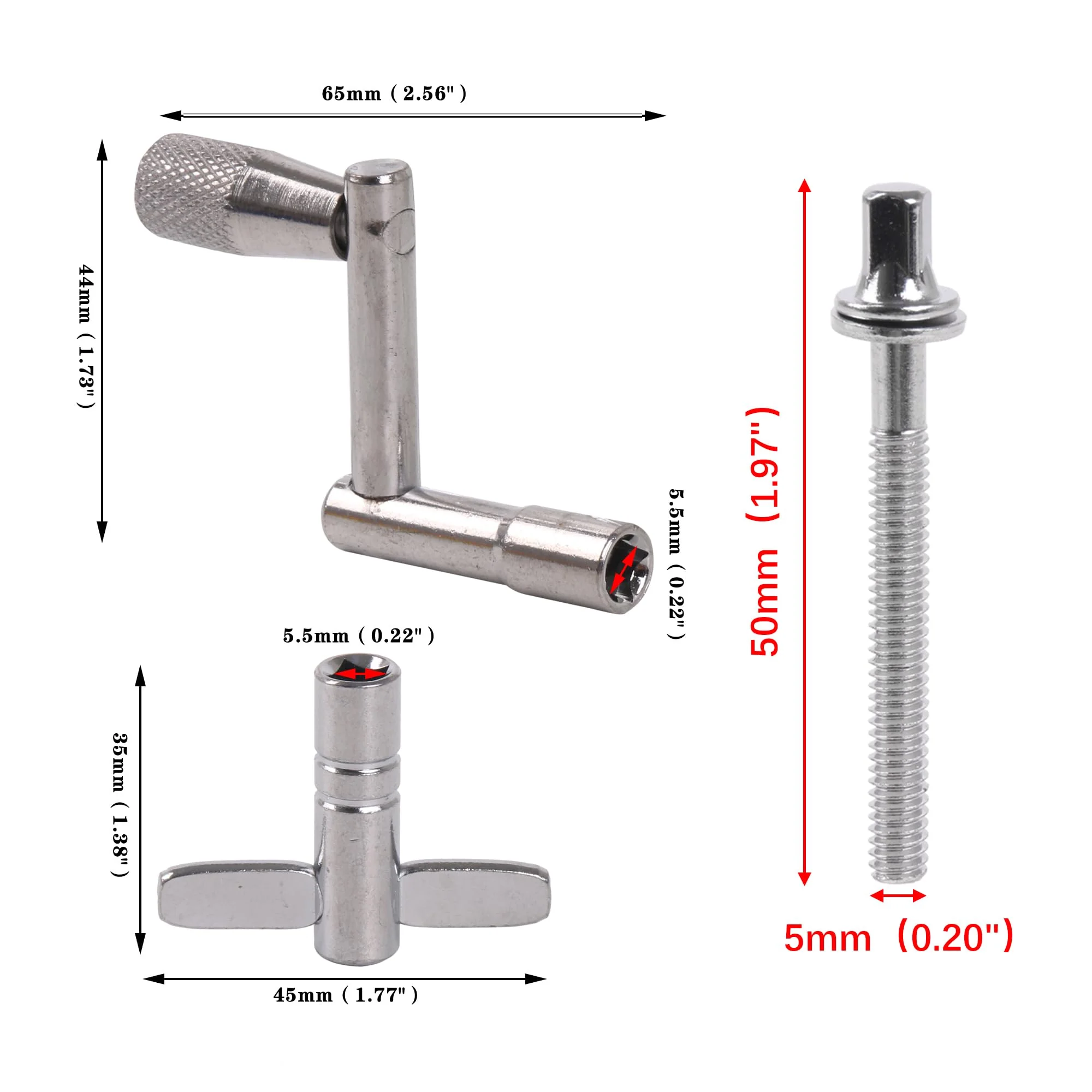 Lovermusic 13 Pcs Drum Screw Tension Rod M5x50mm w/Key Wrench Tool T-Shaped Z-Shaped - Image 6