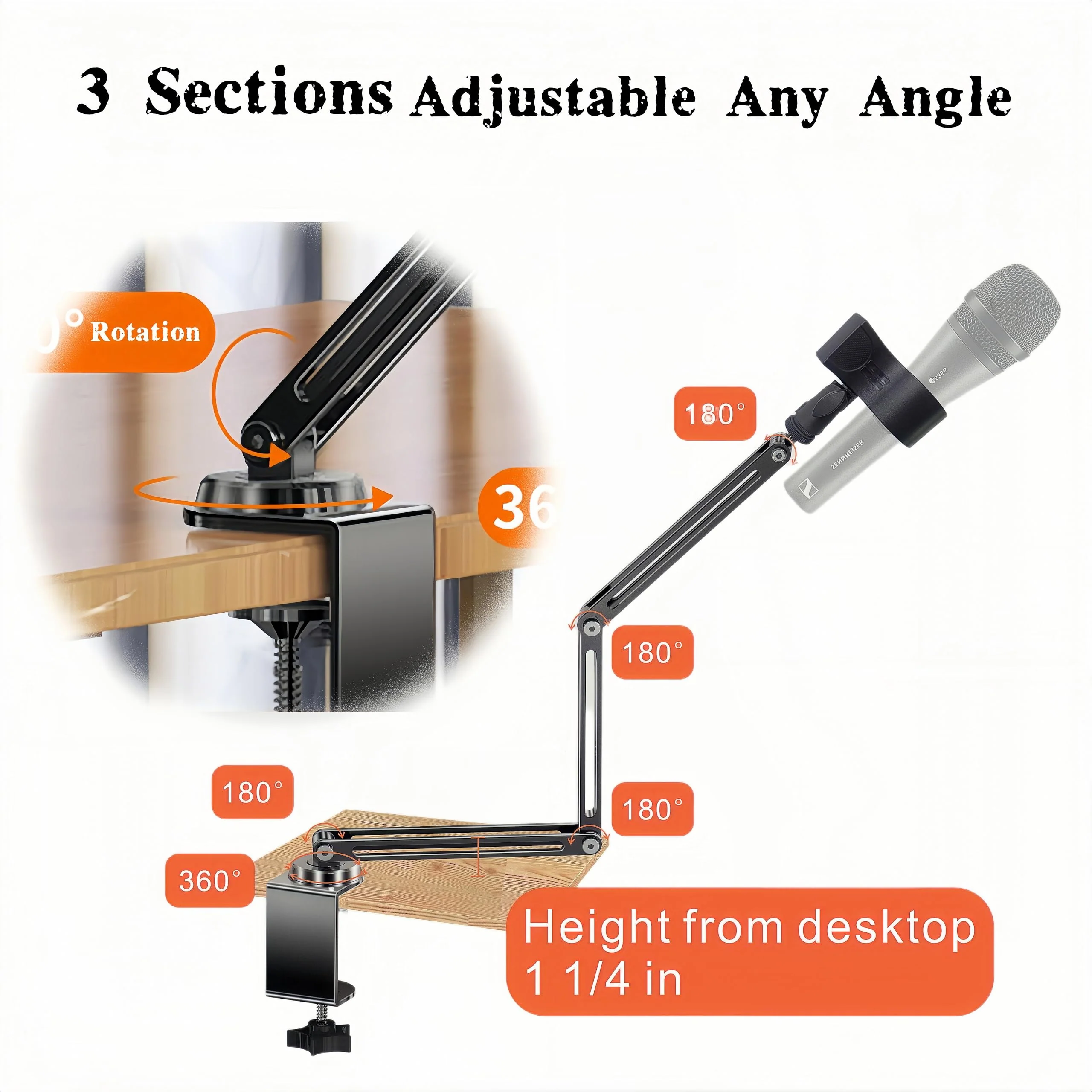 Low Profile Mic Boom Arm Stand 360° Rotatable Adjustable Compact and Foldable Table Microphone Arm Holds 2.5kg with 3/8" to 5/8" Screw Adapter for Game Streaming Podcast Broadcast (C Clamp Mount) C Clamp Mount - Image 2
