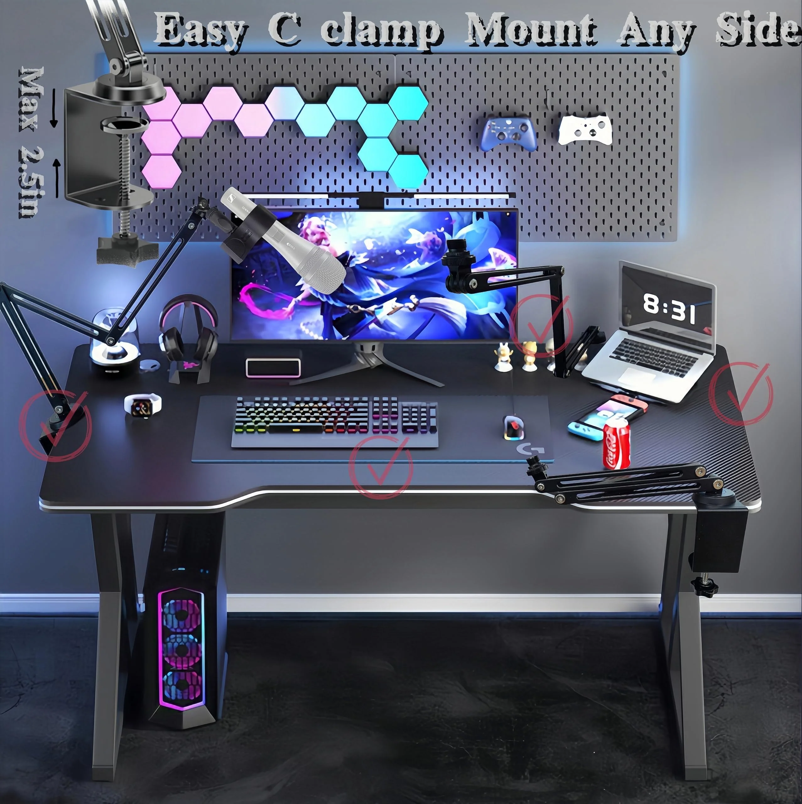 Low Profile Mic Boom Arm Stand 360° Rotatable Adjustable Compact and Foldable Table Microphone Arm Holds 2.5kg with 3/8" to 5/8" Screw Adapter for Game Streaming Podcast Broadcast (C Clamp Mount) C Clamp Mount - Image 5