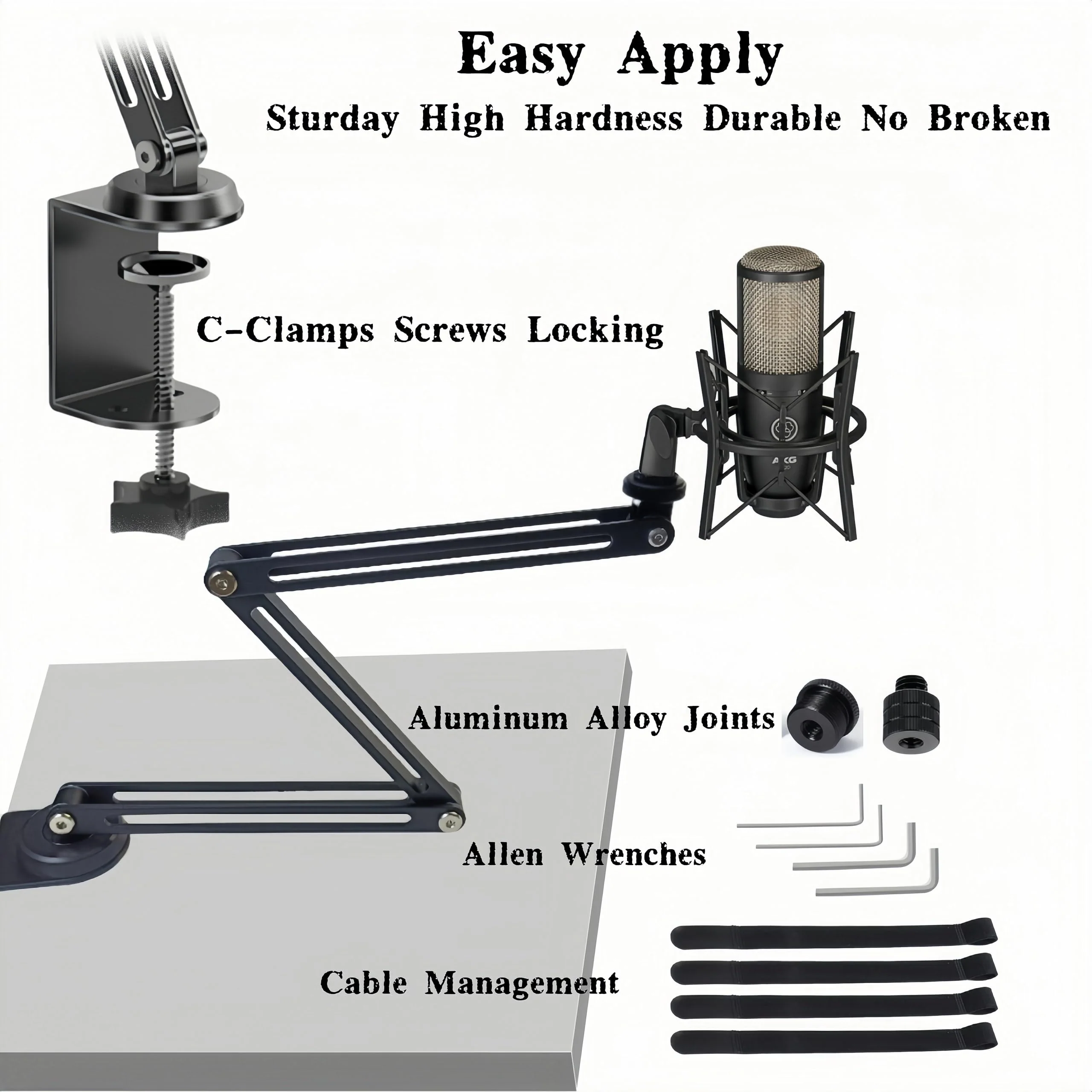 Low Profile Mic Boom Arm Stand 360° Rotatable Adjustable Compact and Foldable Table Microphone Arm Holds 2.5kg with 3/8" to 5/8" Screw Adapter for Game Streaming Podcast Broadcast (C Clamp Mount) C Clamp Mount - Image 6