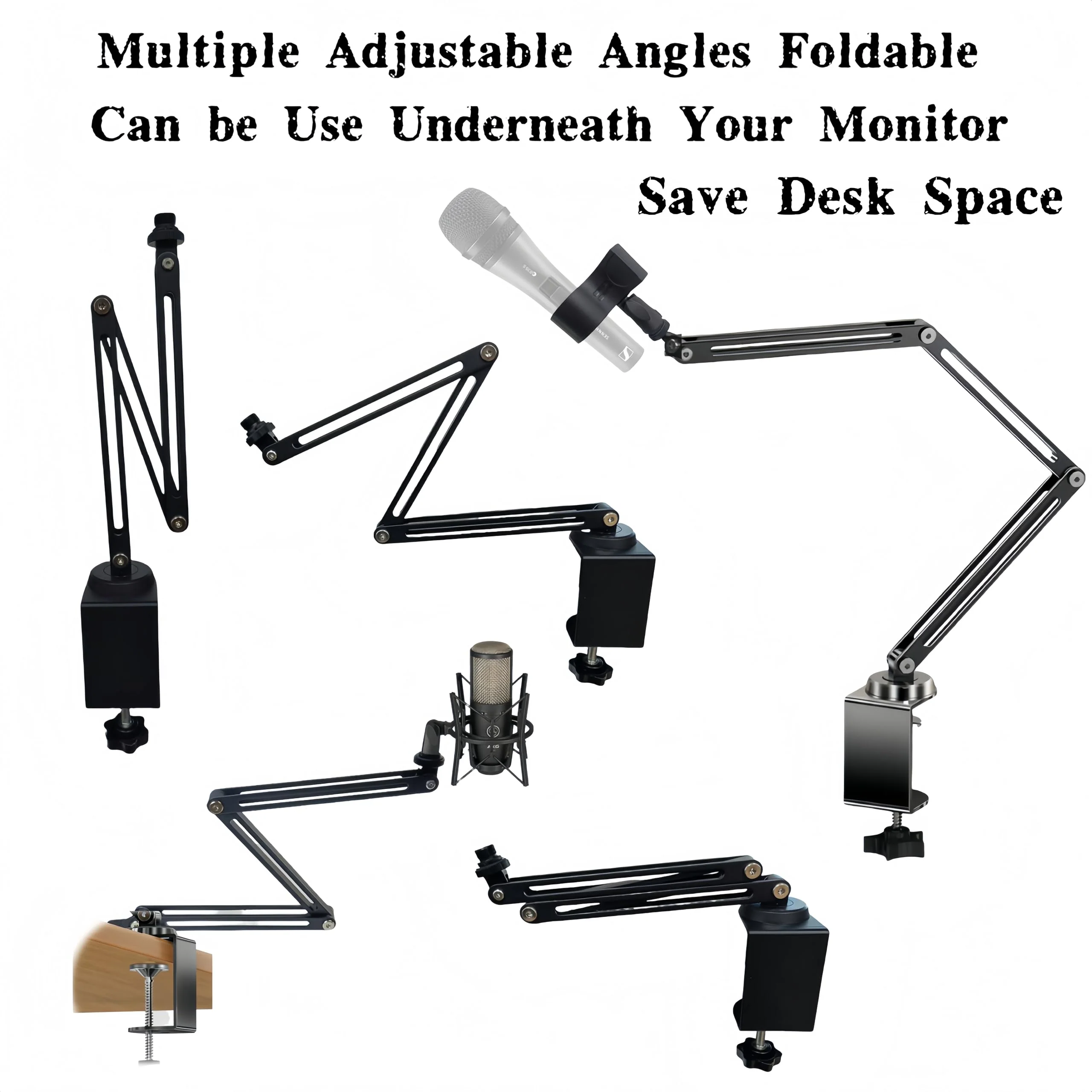Low Profile Mic Boom Arm Stand 360° Rotatable Adjustable Compact and Foldable Table Microphone Arm Holds 2.5kg with 3/8" to 5/8" Screw Adapter for Game Streaming Podcast Broadcast (C Clamp Mount) C Clamp Mount - Image 7