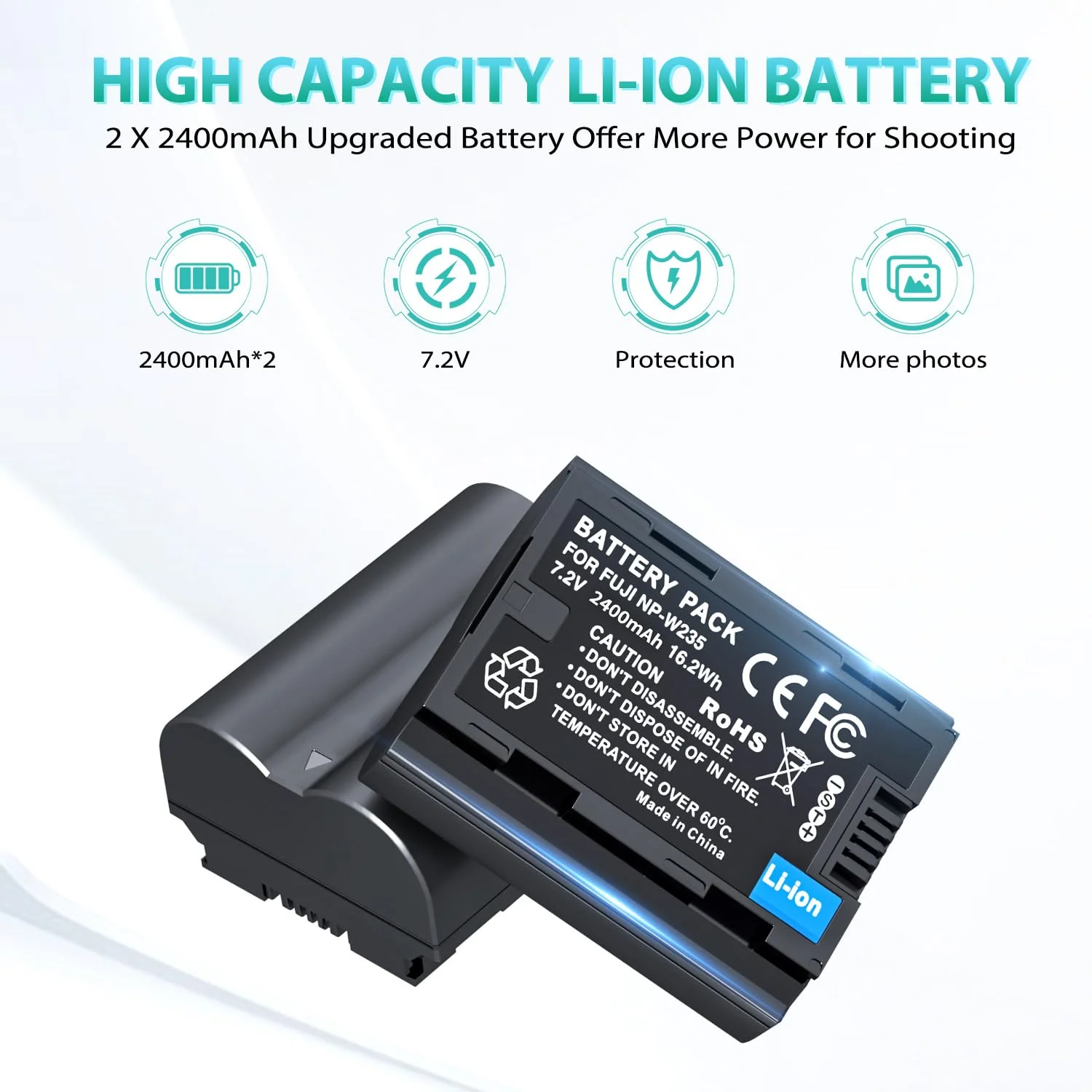 LP NP-W235 Battery Charger Pack, LED Dual Slot USB Charger, 2-Pack 2400mAh Replacement Batteries for Fujifilm X-T5, X-S20, X-H2, X-H2S, GFX 100S, GFX 50S II, X-T4, VG-XT4 Battery Grip - Image 3