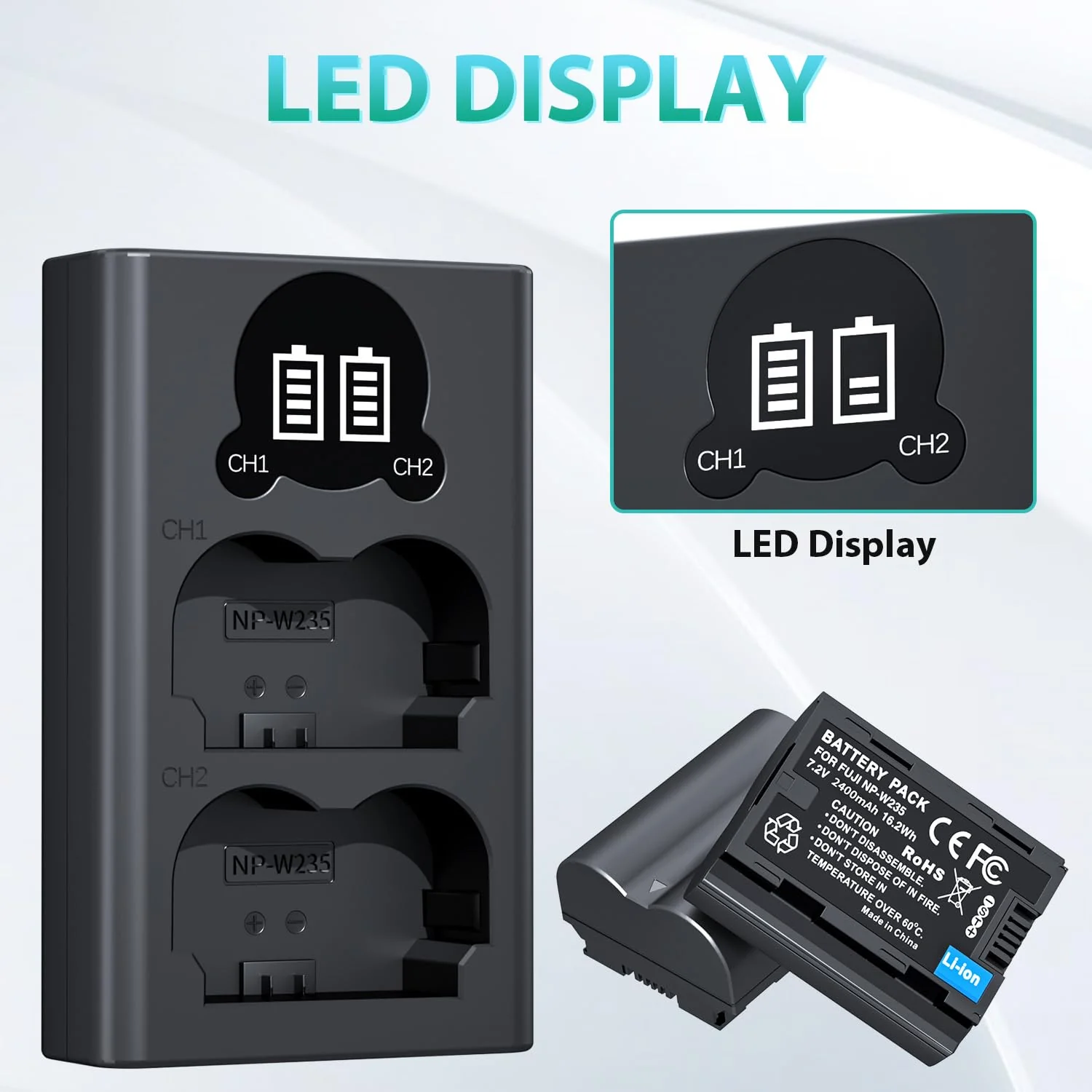 LP NP-W235 Battery Charger Pack, LED Dual Slot USB Charger, 2-Pack 2400mAh Replacement Batteries for Fujifilm X-T5, X-S20, X-H2, X-H2S, GFX 100S, GFX 50S II, X-T4, VG-XT4 Battery Grip - Image 6