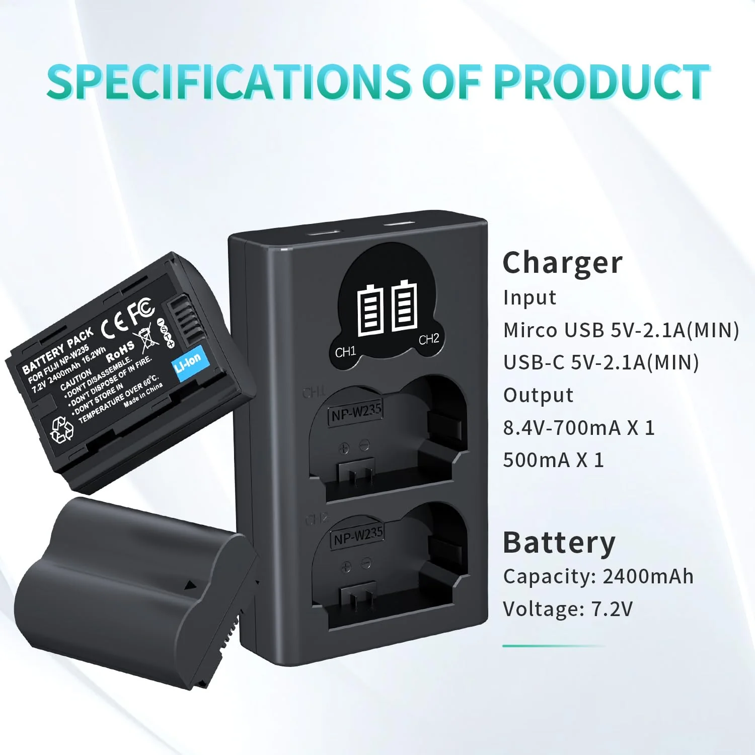 LP NP-W235 Battery Charger Pack, LED Dual Slot USB Charger, 2-Pack 2400mAh Replacement Batteries for Fujifilm X-T5, X-S20, X-H2, X-H2S, GFX 100S, GFX 50S II, X-T4, VG-XT4 Battery Grip - Image 7
