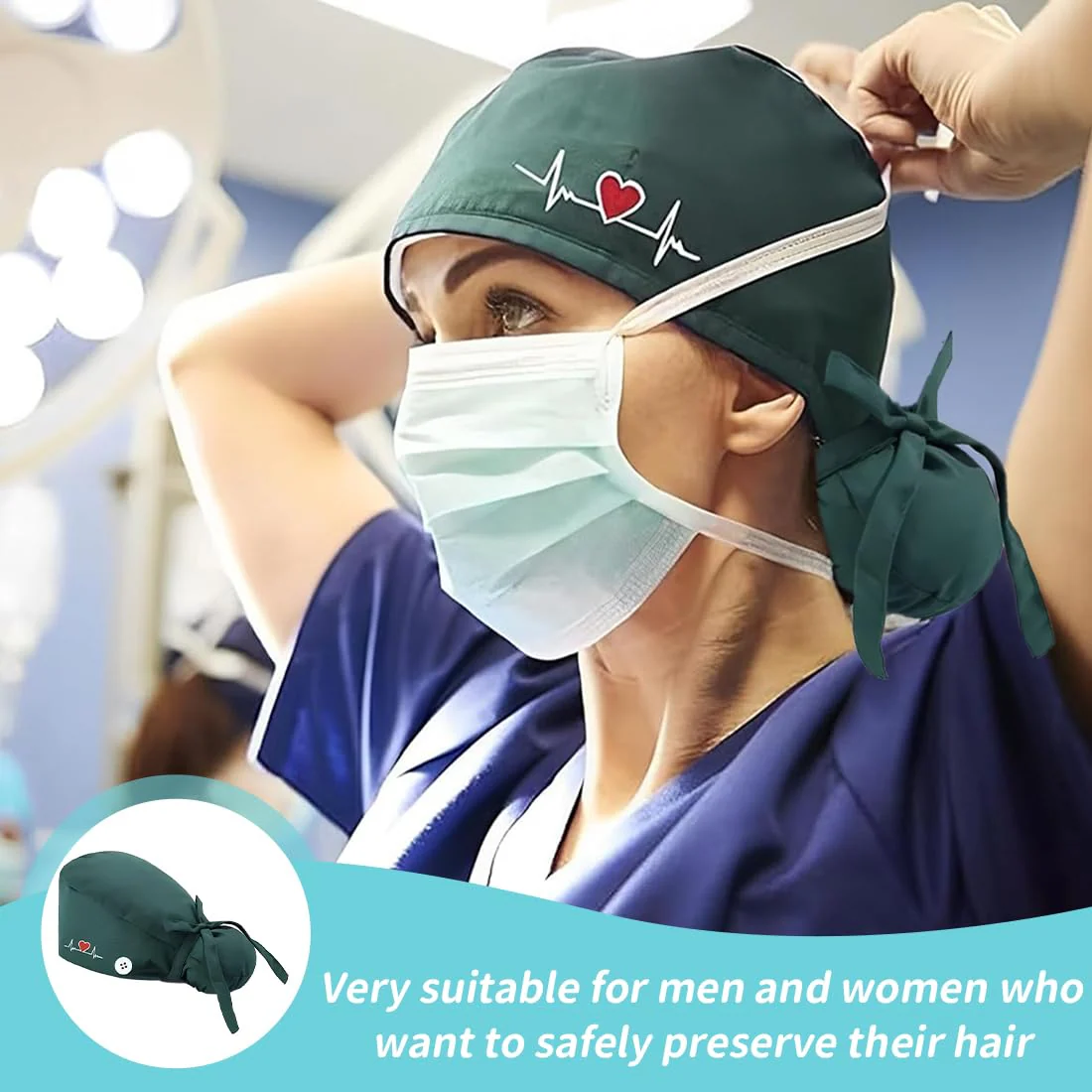 LQIOACU 1 x surgical cap for men and women, surgical cap, fabric, work cap, cotton print, nurses cap, long hair, green, multicoloured, Unit size - Image 6