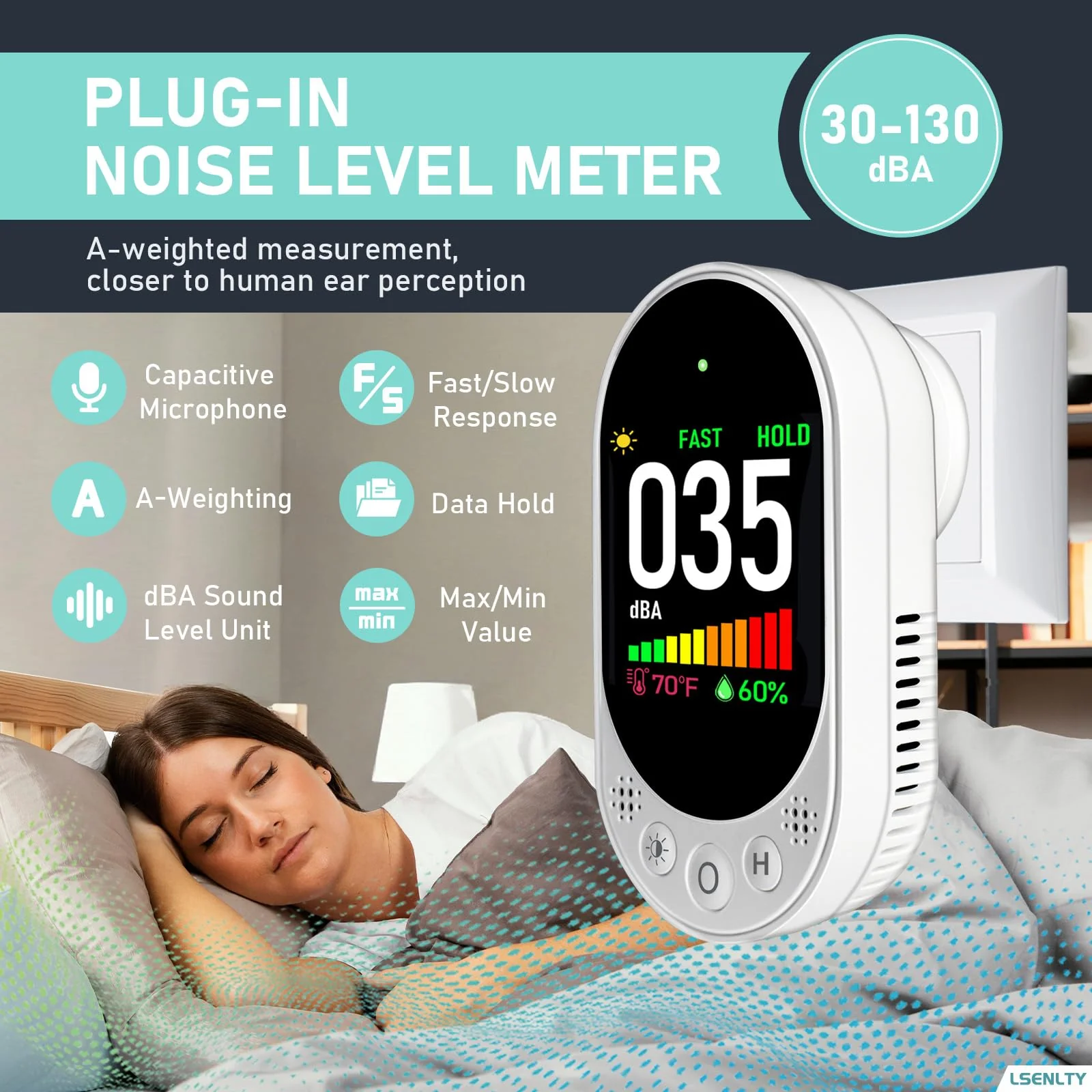 LSENLTY Decibel Meter Plug-in Wall, 30-130dB Sound Level Meter, Data Hold&Max/Min&Fast/Slow Response 3-in-1 Noise Detector(TEM&Humidity), A-Weighted Noise Measuring Device for Classroom Home Library 1 - Image 2