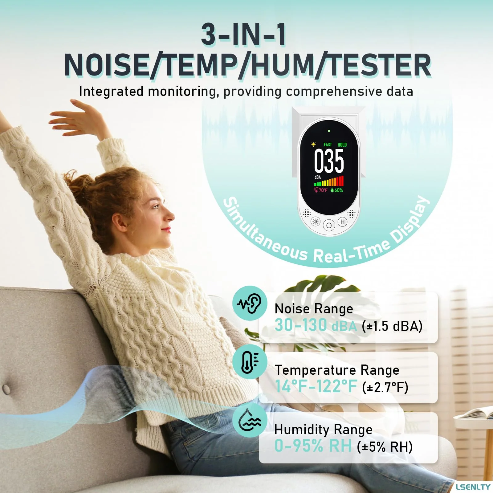 LSENLTY Decibel Meter Plug-in Wall, 30-130dB Sound Level Meter, Data Hold&Max/Min&Fast/Slow Response 3-in-1 Noise Detector(TEM&Humidity), A-Weighted Noise Measuring Device for Classroom Home Library 1 - Image 4