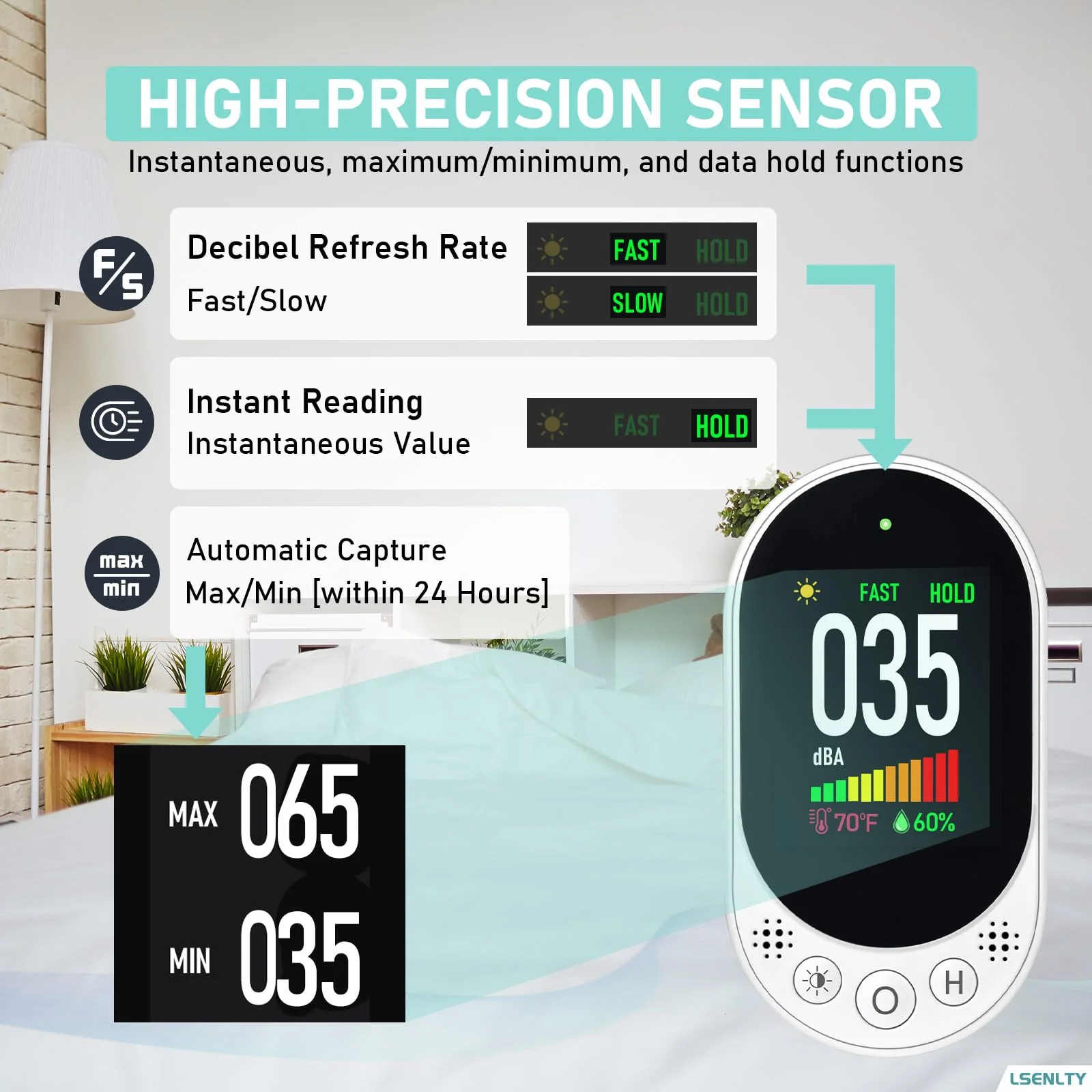 LSENLTY Decibel Meter Plug-in Wall, 30-130dB Sound Level Meter, Data Hold&Max/Min&Fast/Slow Response 3-in-1 Noise Detector(TEM&Humidity), A-Weighted Noise Measuring Device for Classroom Home Library 1 - Image 5
