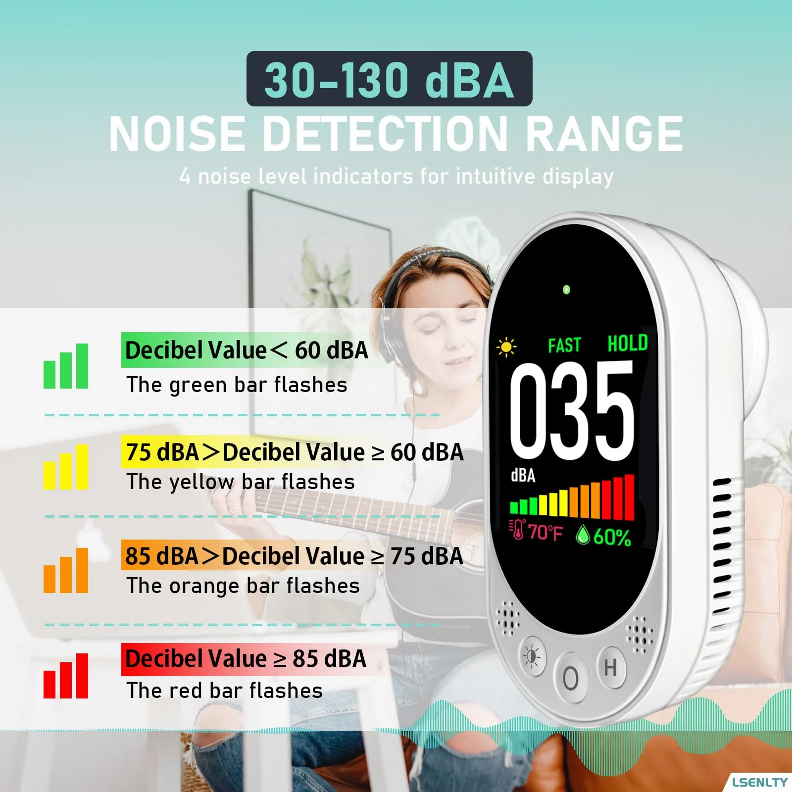 LSENLTY Decibel Meter Plug-in Wall, 30-130dB Sound Level Meter, Data Hold&Max/Min&Fast/Slow Response 3-in-1 Noise Detector(TEM&Humidity), A-Weighted Noise Measuring Device for Classroom Home Library 1 - Image 6