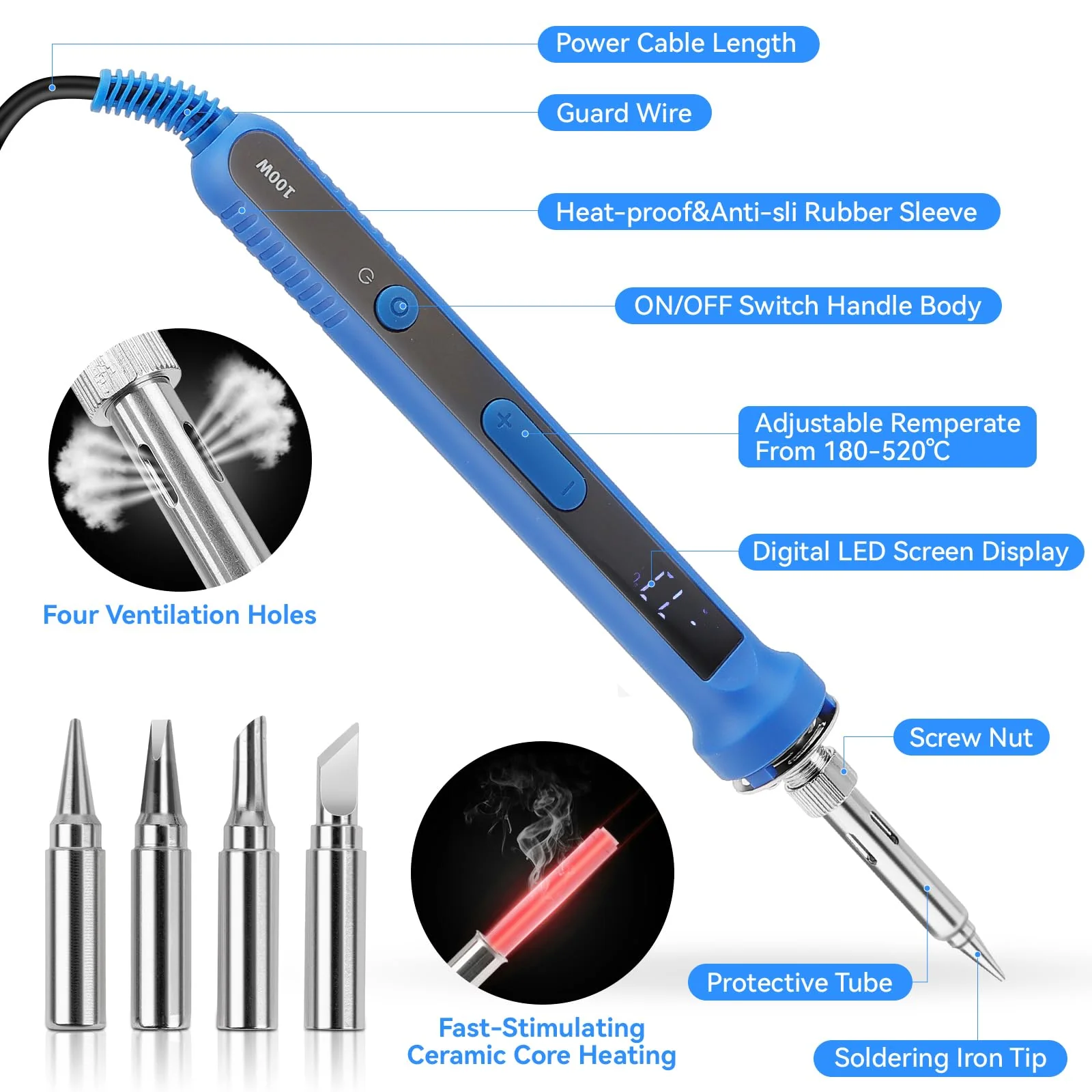 Ltkolben Set 100 W, LED Lt Piston with Temperature Control 180-520C, Soldering Kit with On/Off Switch, 50 g Litter Wire, 5 Litre Tips, Discharge Pump, Lt Piston Stand, Tweezers, Digital Multimeter (15 15 pieces - Image 2