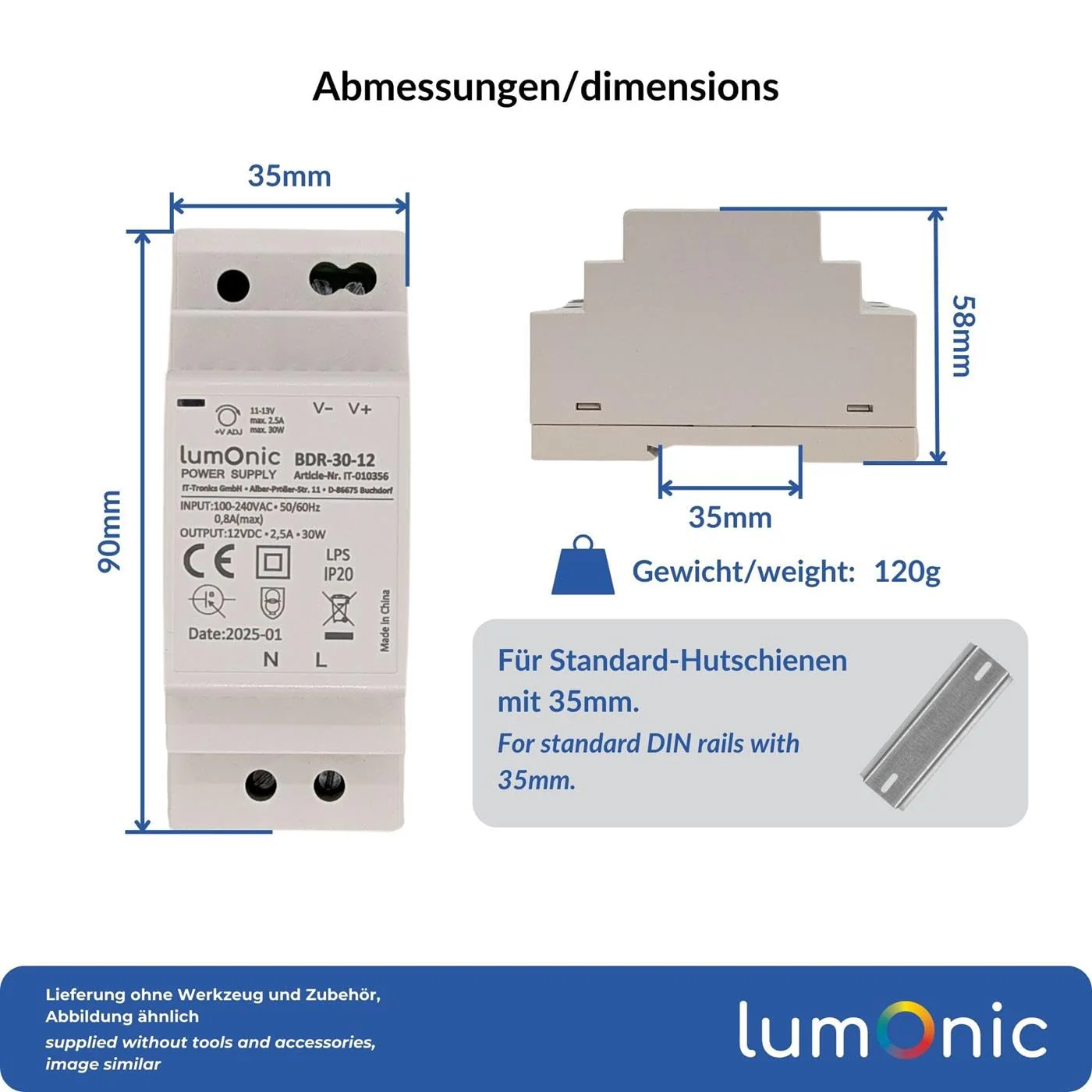 Lumonic I Power Supply DIN Rail BDR-30-12 I 12 V / 30 W I Input 100-240 VAC I Overload Protection & Short Circuit Proof I DIN-Rail Switching Power Supply I Control Cabinet & 12V - Image 2