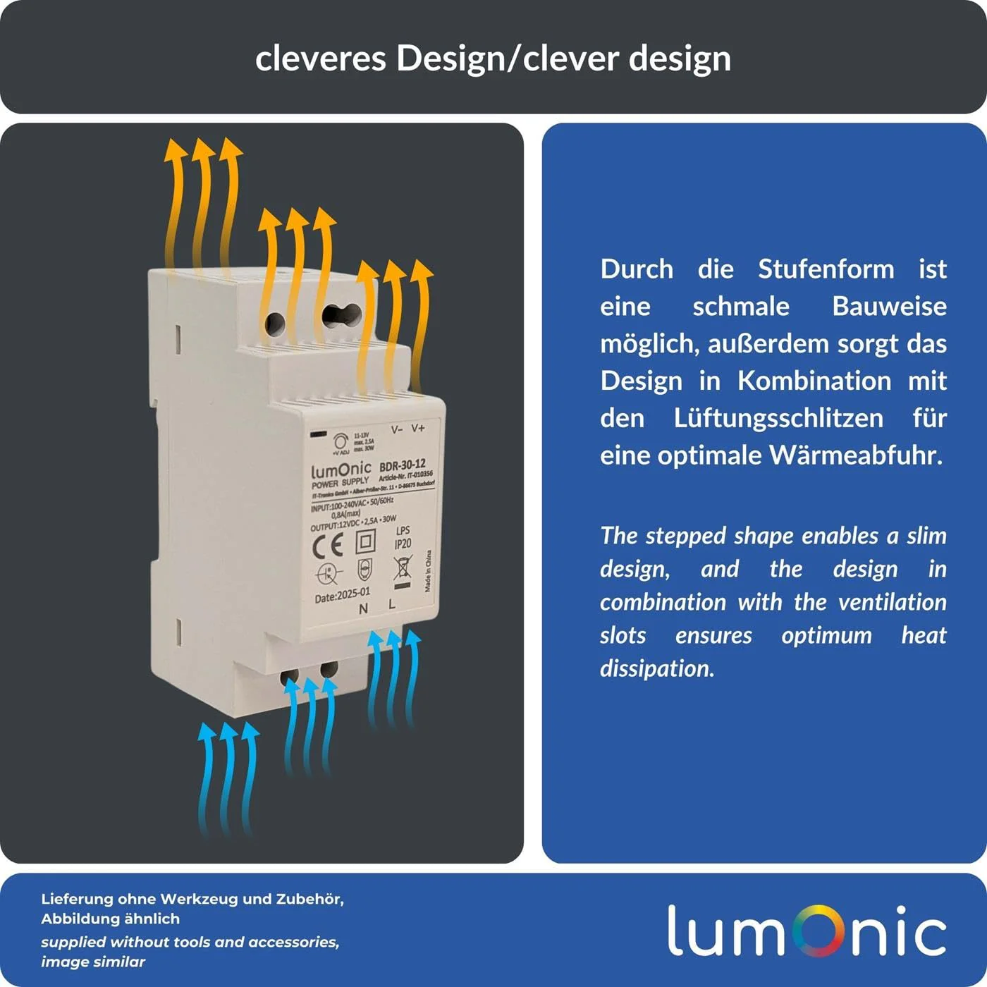 Lumonic I Power Supply DIN Rail BDR-30-12 I 12 V / 30 W I Input 100-240 VAC I Overload Protection & Short Circuit Proof I DIN-Rail Switching Power Supply I Control Cabinet & 12V - Image 3