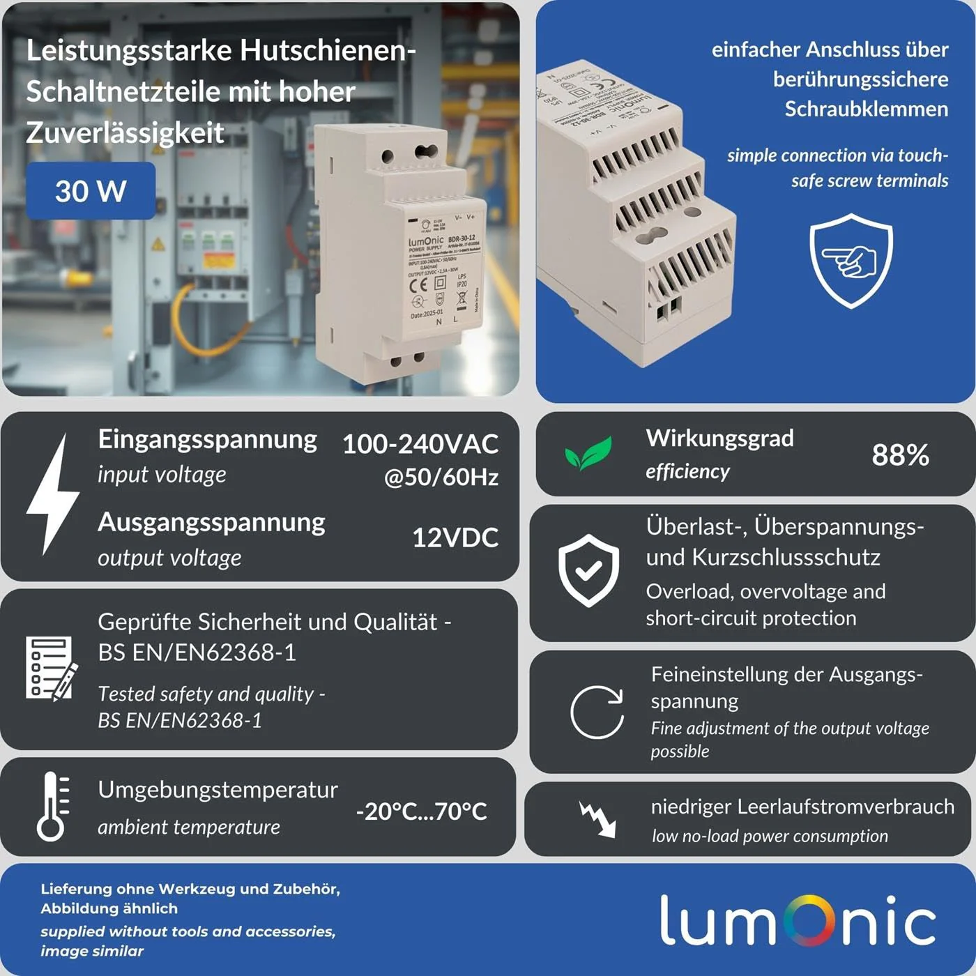 Lumonic I Power Supply DIN Rail BDR-30-12 I 12 V / 30 W I Input 100-240 VAC I Overload Protection & Short Circuit Proof I DIN-Rail Switching Power Supply I Control Cabinet & 12V - Image 4