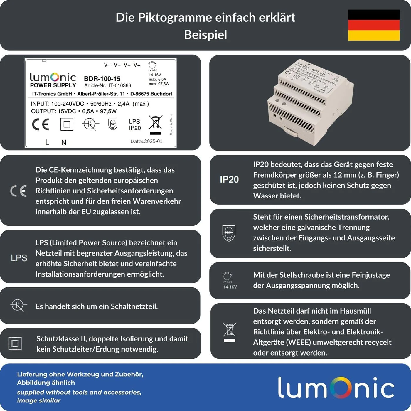 Lumonic I Power Supply DIN Rail BDR-30-12 I 12 V / 30 W I Input 100-240 VAC I Overload Protection & Short Circuit Proof I DIN-Rail Switching Power Supply I Control Cabinet & 12V - Image 5