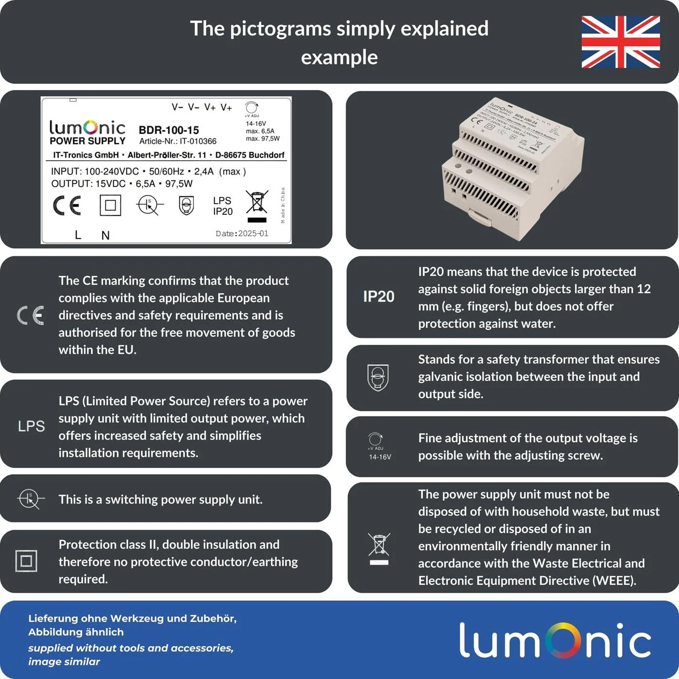 Lumonic I Power Supply DIN Rail BDR-30-12 I 12 V / 30 W I Input 100-240 VAC I Overload Protection & Short Circuit Proof I DIN-Rail Switching Power Supply I Control Cabinet & 12V - Image 7