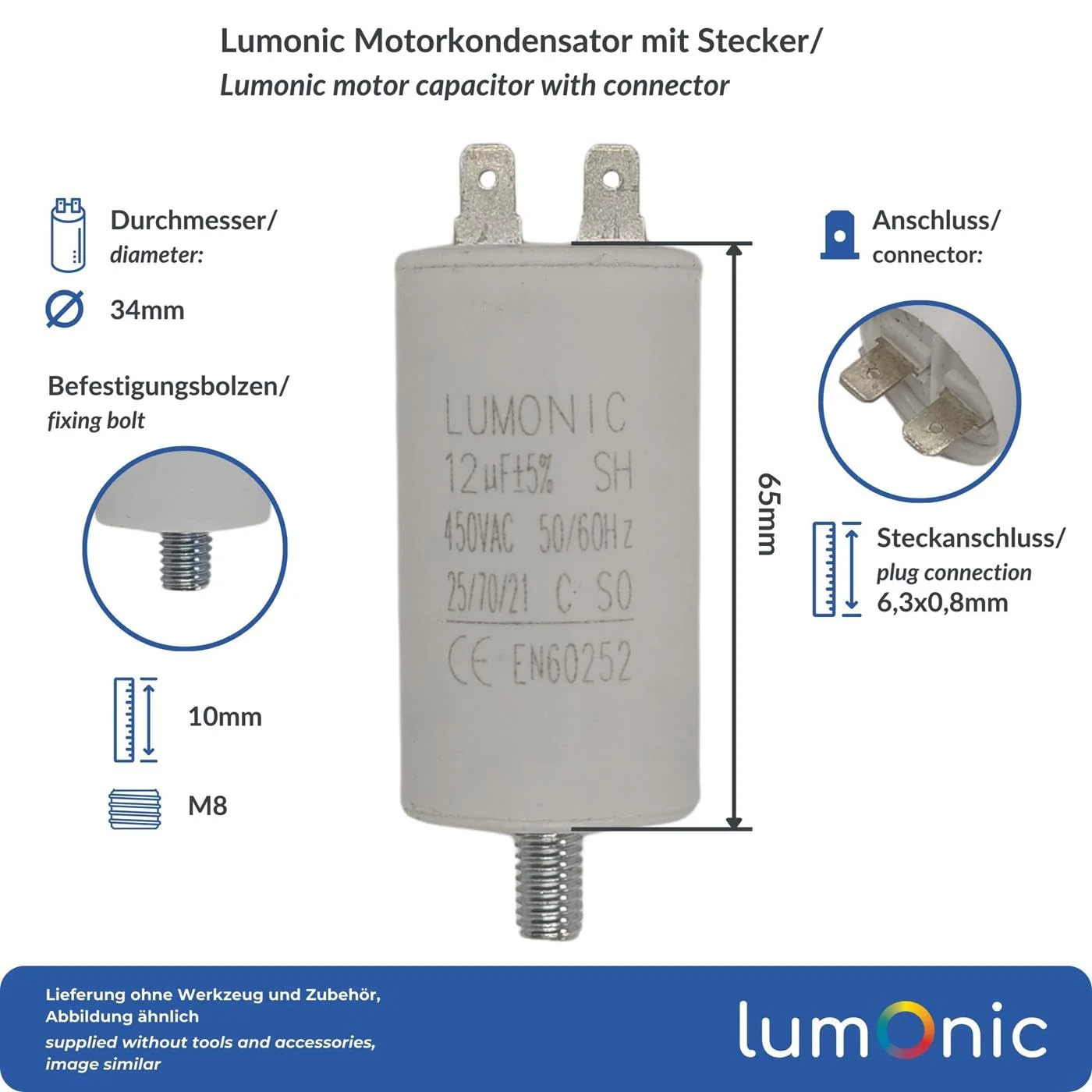 Lumonic Starting Capacitor with Plug 6.3 x 0.8 mm I 12µF 450 V I 34 x 65 mm I 12uF I Motor Capacitor with Plastic Housing I Operating Capacitor I for Pump Plugs - Image 2