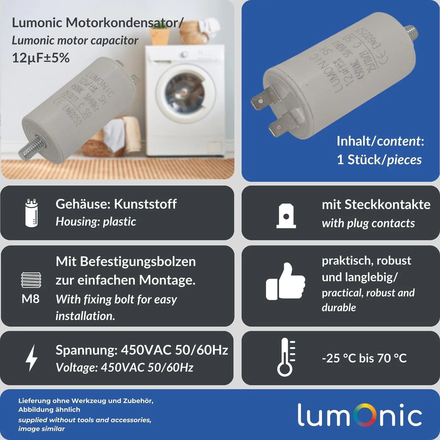 Lumonic Starting Capacitor with Plug 6.3 x 0.8 mm I 12µF 450 V I 34 x 65 mm I 12uF I Motor Capacitor with Plastic Housing I Operating Capacitor I for Pump Plugs - Image 3