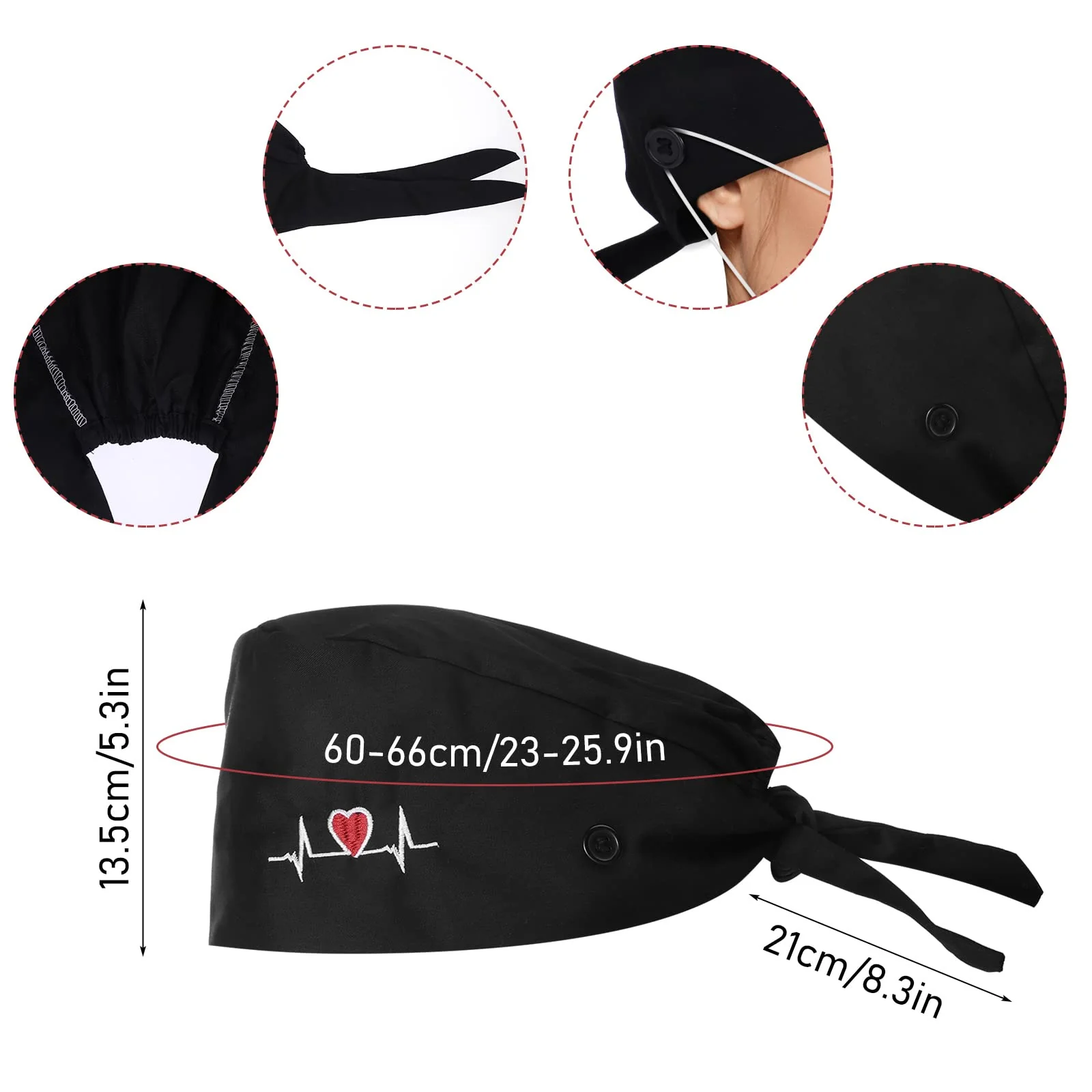 Lusofie Adjustable Working Cap with Button Sweatband Surgical Cap Nurse Hat Cotton Ponytail Holder Scrub Caps Tie Back Hats Black Heart - Image 2