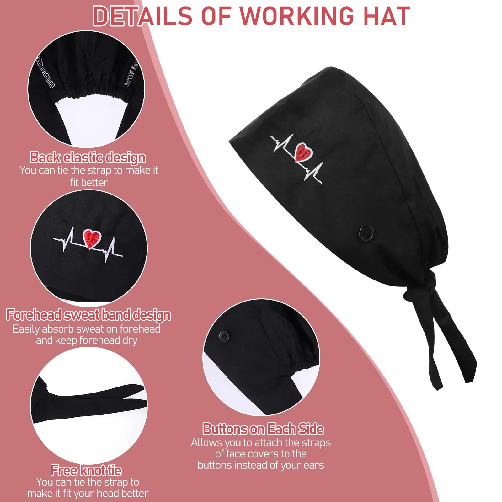 Lusofie Adjustable Working Cap with Button Sweatband Surgical Cap Nurse Hat Cotton Ponytail Holder Scrub Caps Tie Back Hats Black Heart - Image 3