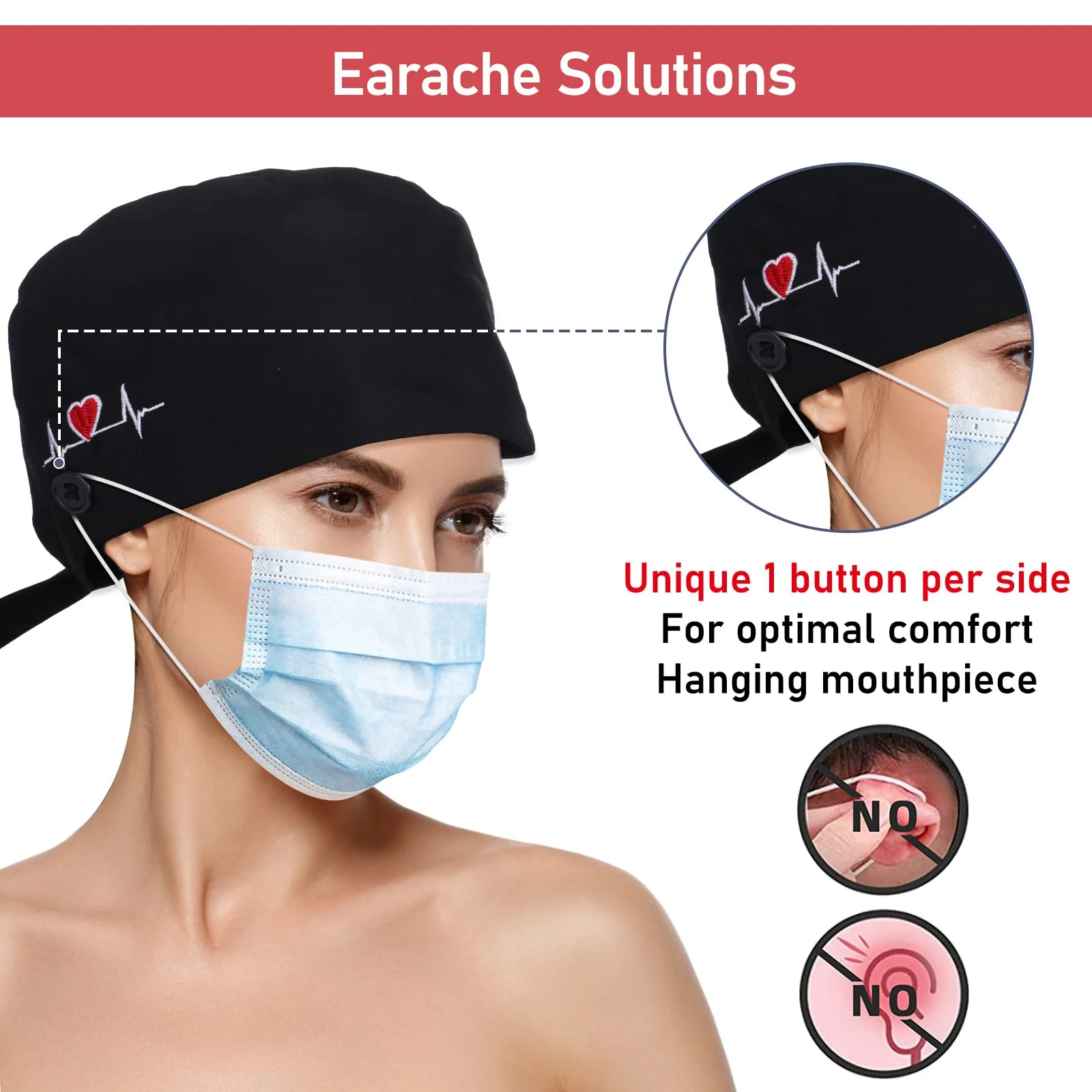 Lusofie Adjustable Working Cap with Button Sweatband Surgical Cap Nurse Hat Cotton Ponytail Holder Scrub Caps Tie Back Hats Black Heart - Image 4