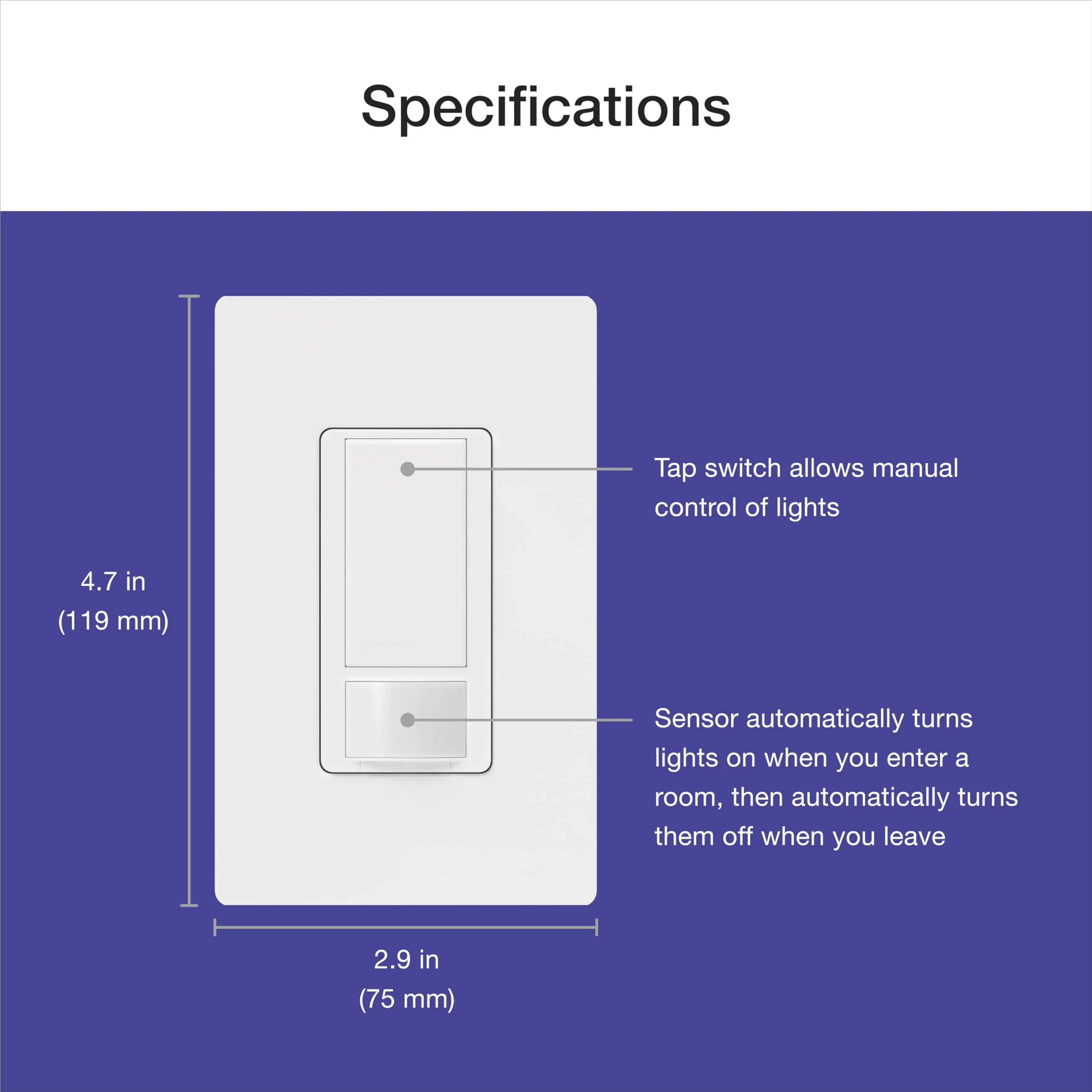 Lutron Maestro Motion Sensor Light Switch Indoor for Bathroom, Garage, Laundry Room, Any Bulbs, Occupancy Vacancy Sensor, Single-Pole, MS-OPS2H-2-WH, White (2 Pack) 2 Pack 2-Amp Single Pole Switch - Image 9