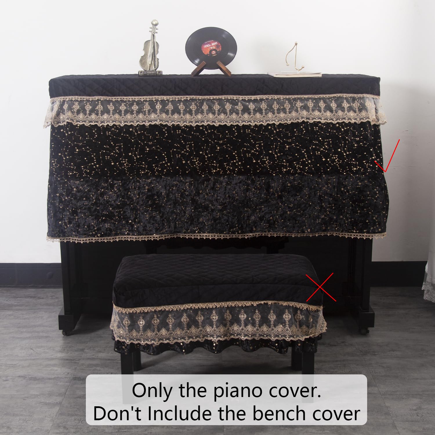 Luxury Velvet Piano Cover for Upright Pianos, Black with Gold Stars and Lace Trim, Quilted Top - Image 2